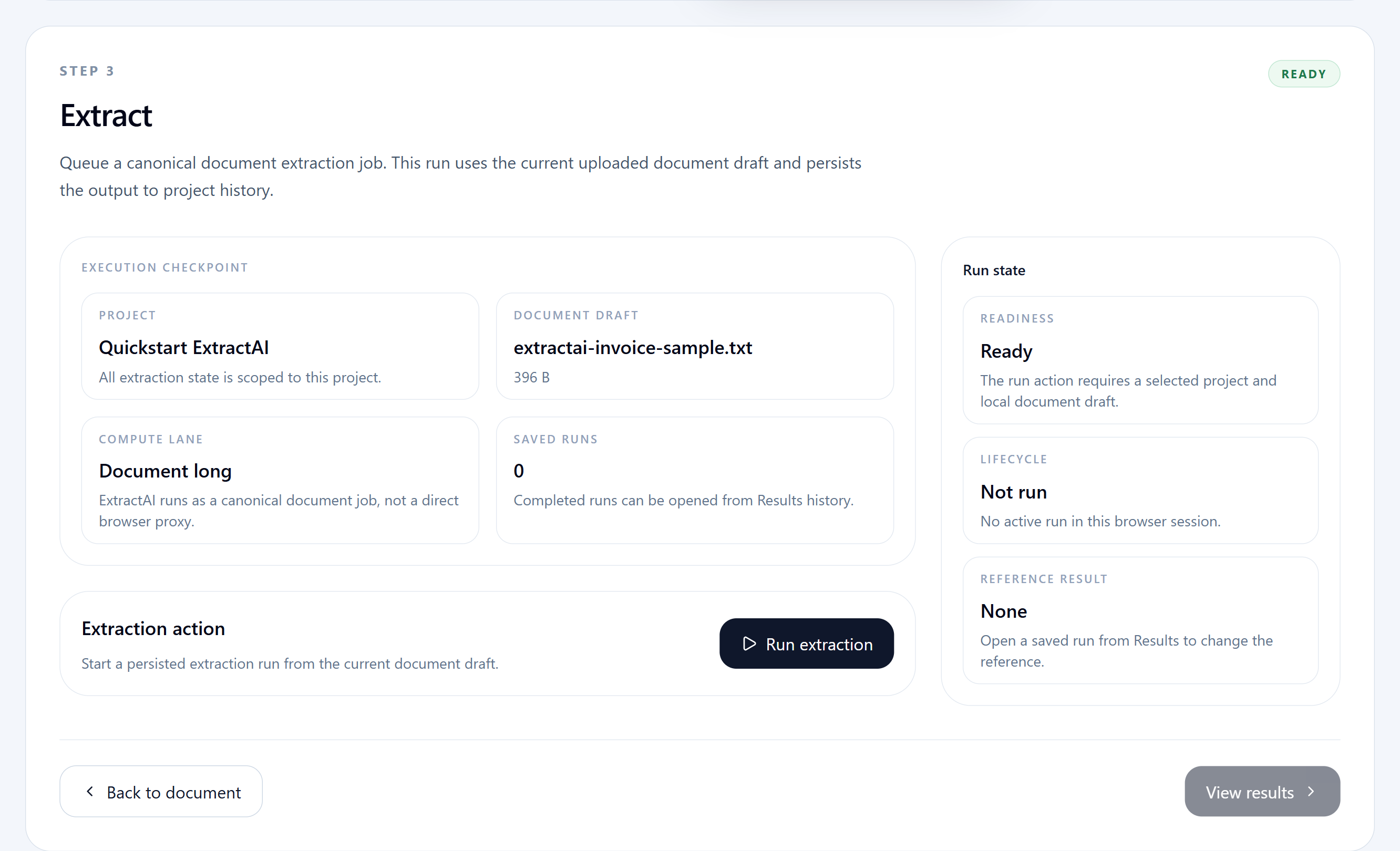 ExtractAI run action showing the document extraction launch control and saved-run context.