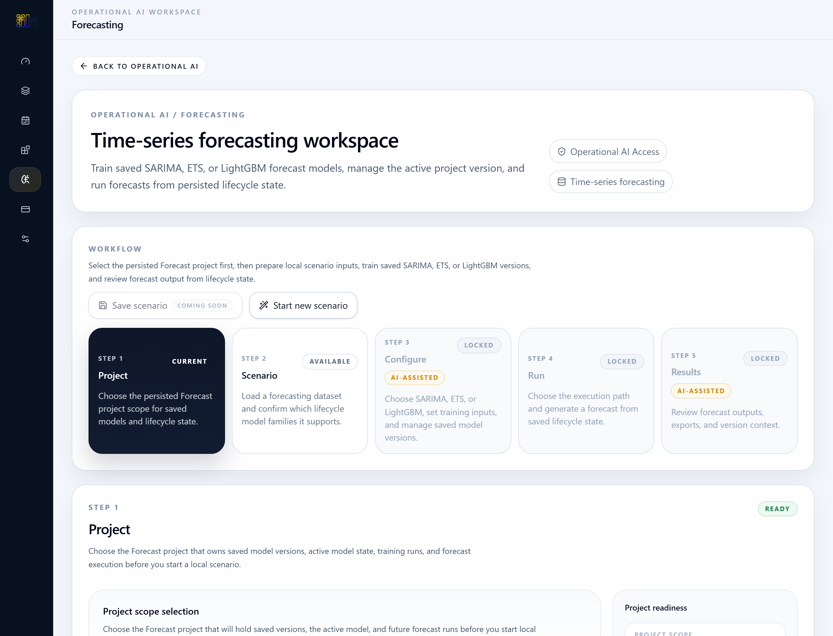 Forecasting workspace overview showing project-backed lifecycle steps.