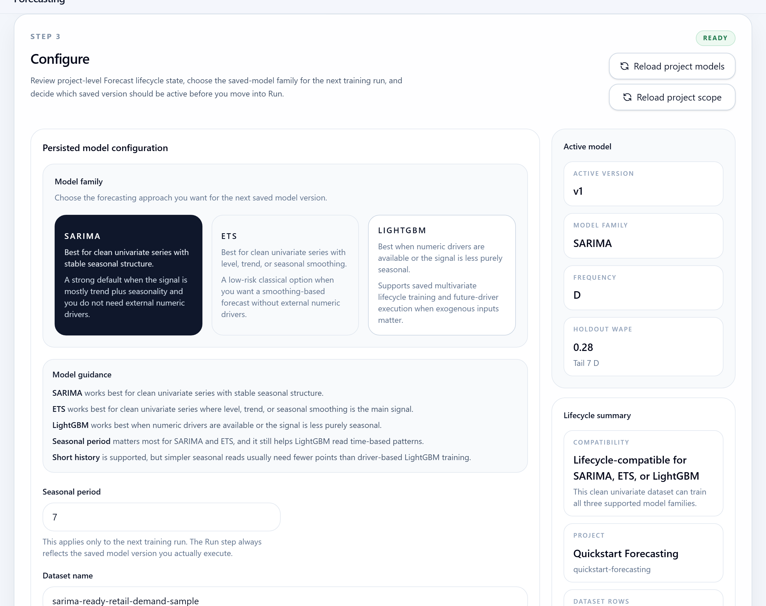 Forecasting configure step with model lifecycle and saved-version controls.
