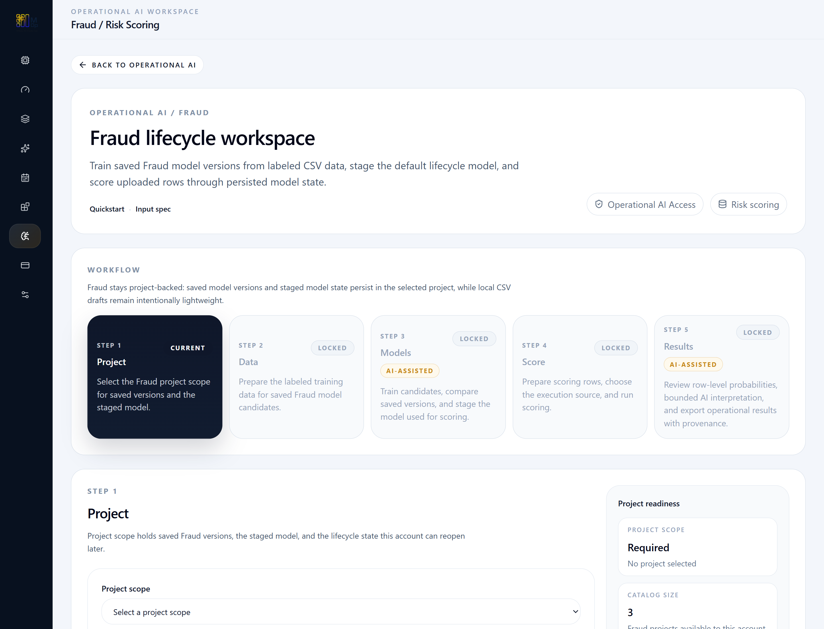 Fraud / Risk Scoring workspace overview showing the project-backed lifecycle steps.