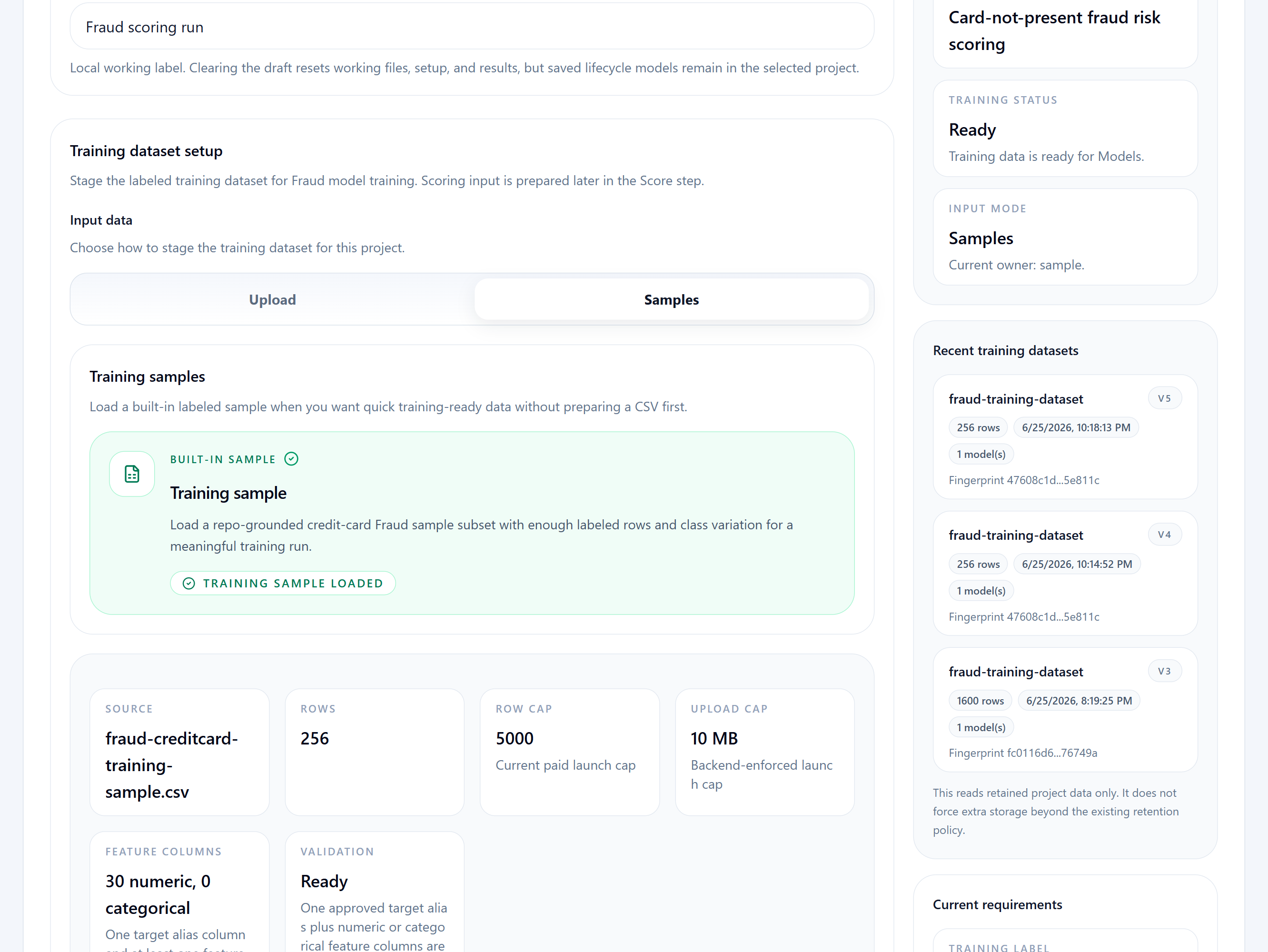 Fraud scenario step with training dataset setup and sample loading options.