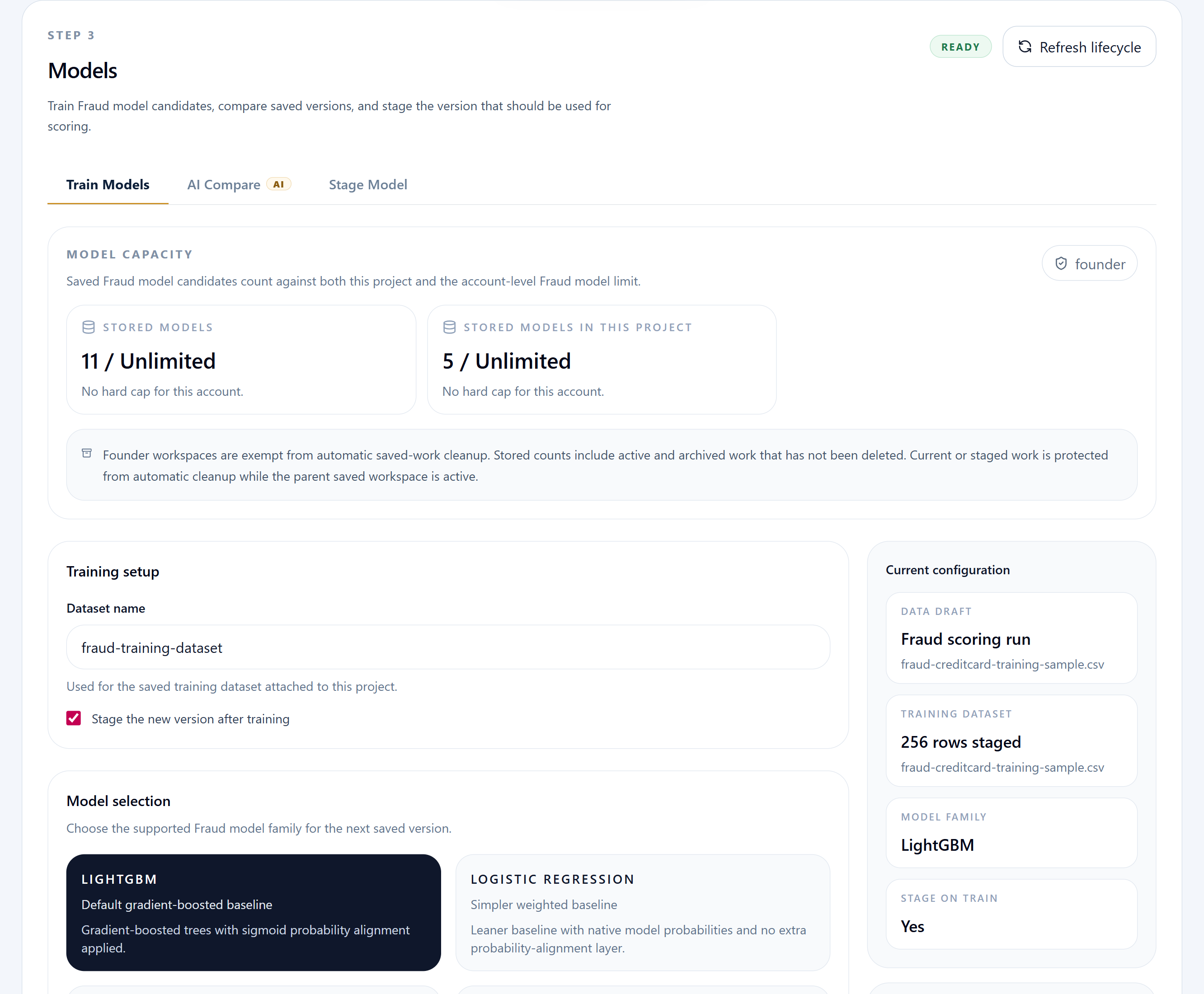Fraud configure step showing training and saved-version lifecycle controls.