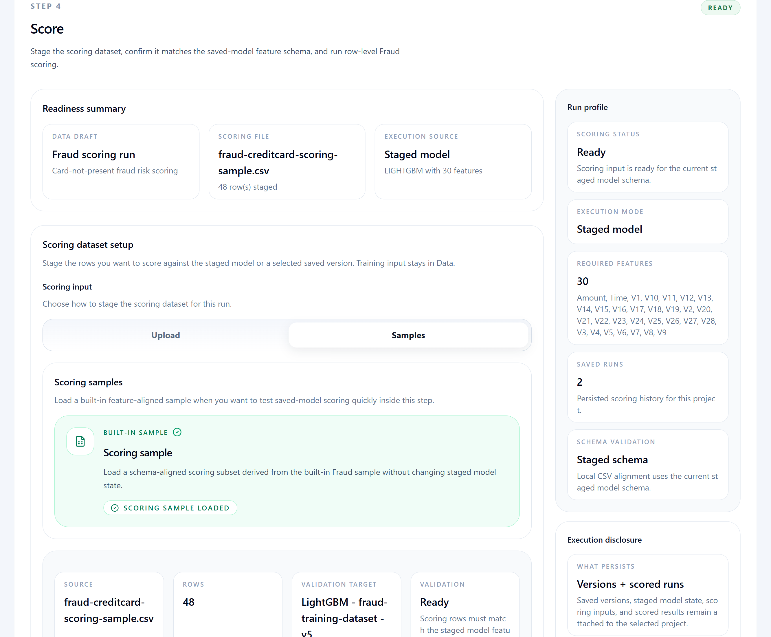Fraud score step showing scoring dataset setup and execution readiness.