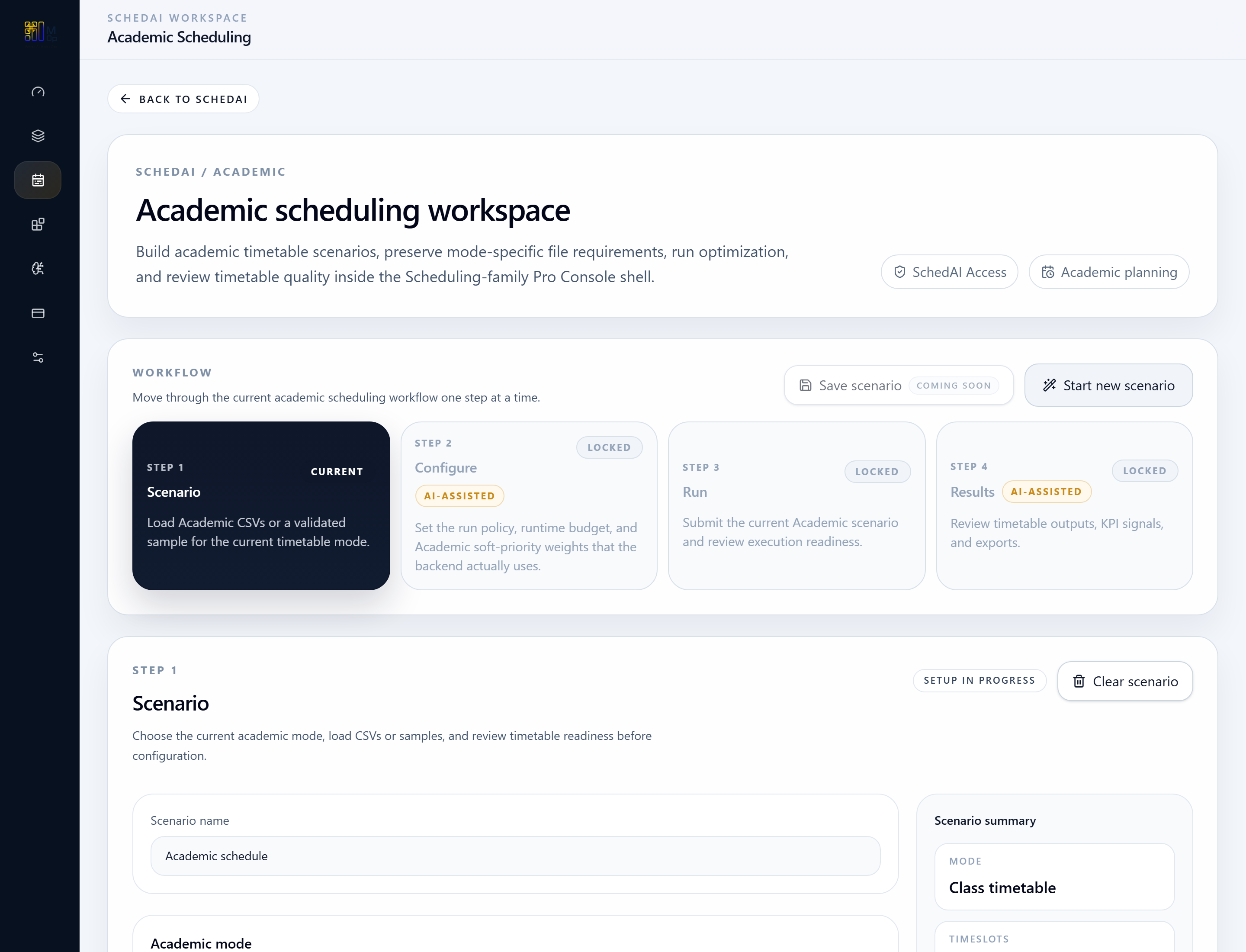 SchedAI Academic workspace overview with mode-aware timetable workflow.