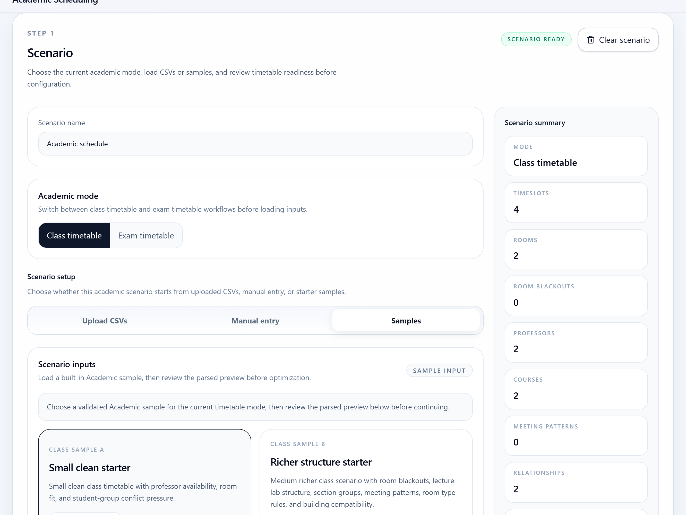 SchedAI Academic scenario setup with timetable mode and CSV inputs.