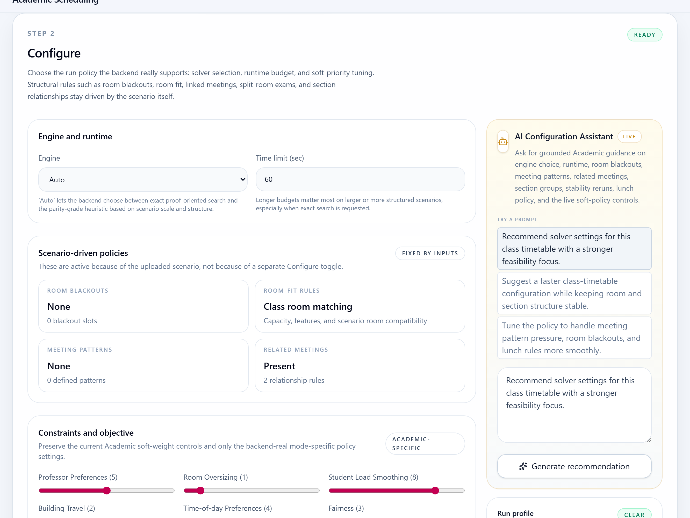 SchedAI Academic configuration step with solver and policy controls.