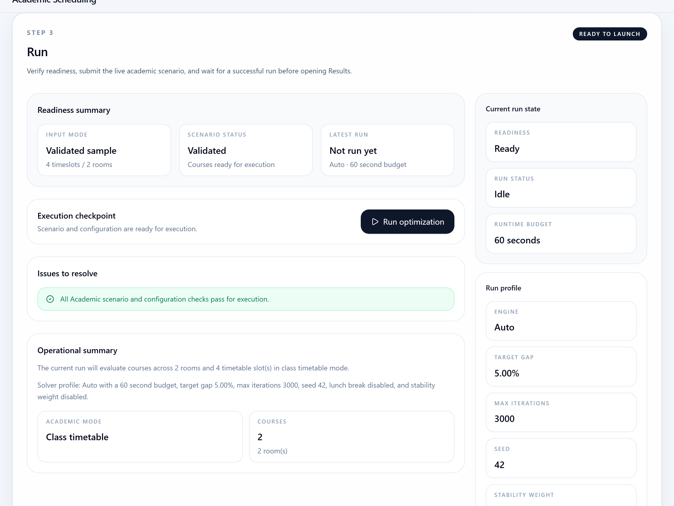 SchedAI Academic run step with readiness summary and launch action.