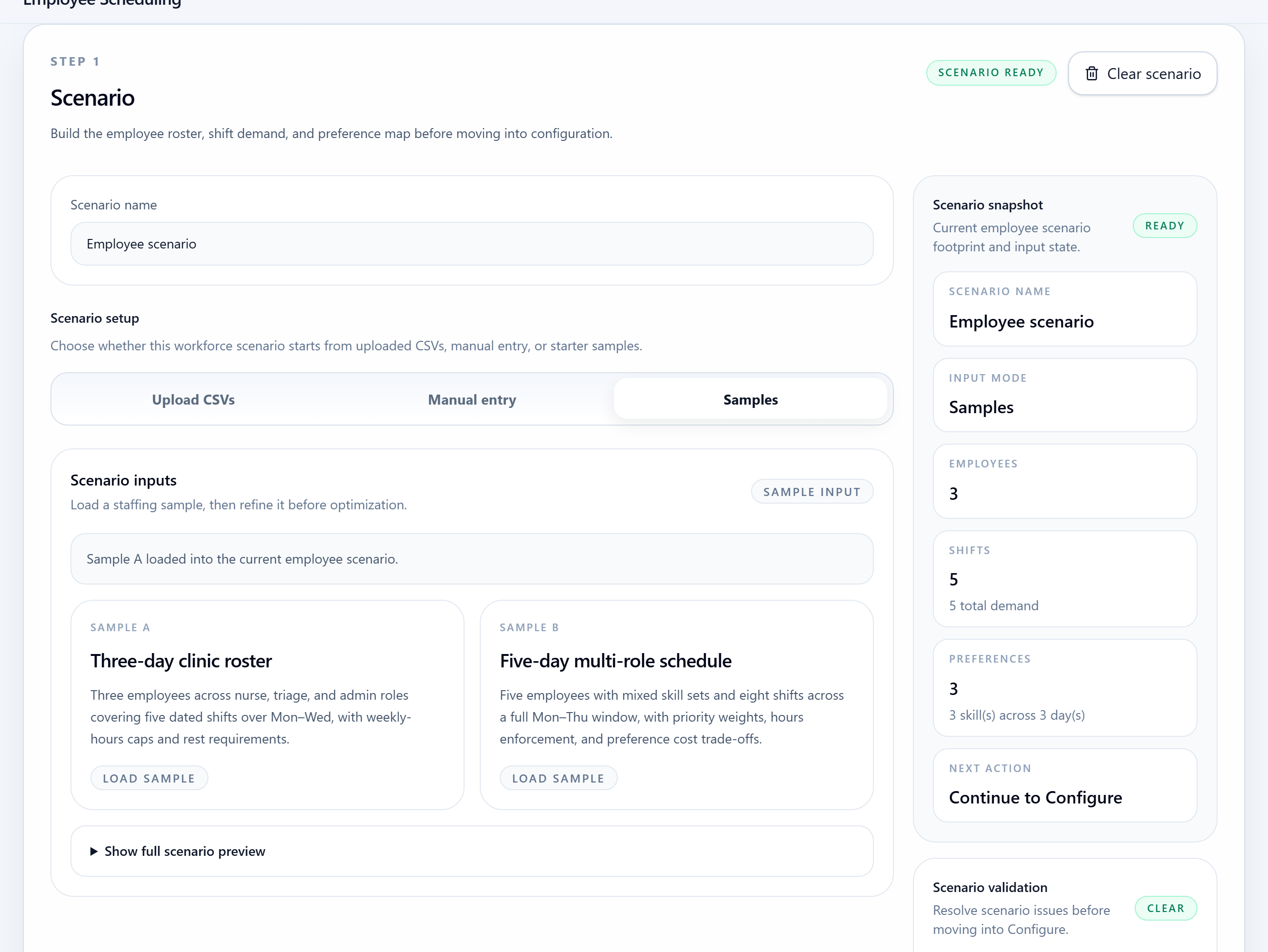 SchedAI Employee scenario setup with employee, shift, and preference inputs.