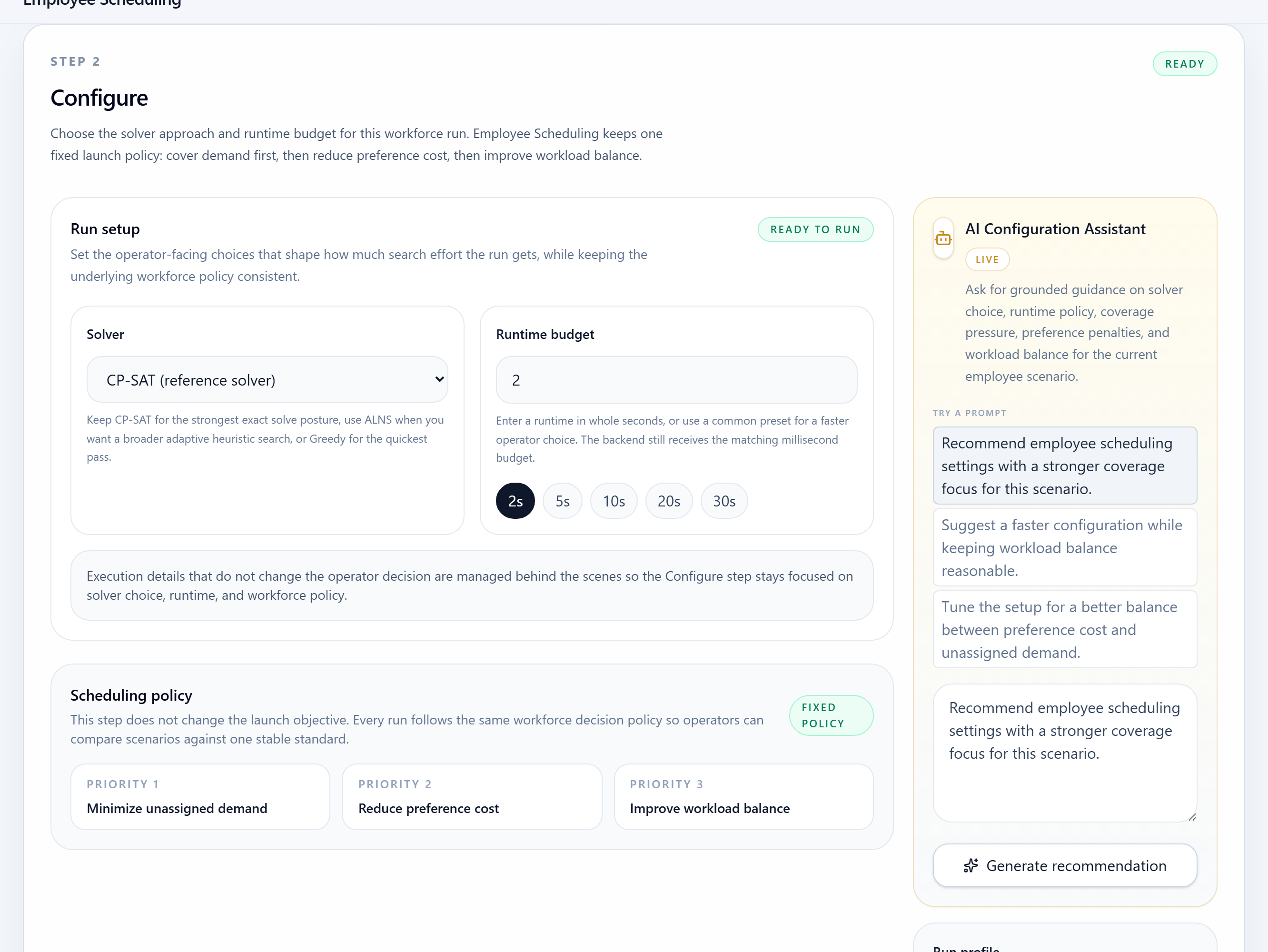 SchedAI Employee configuration step with solver and runtime controls.