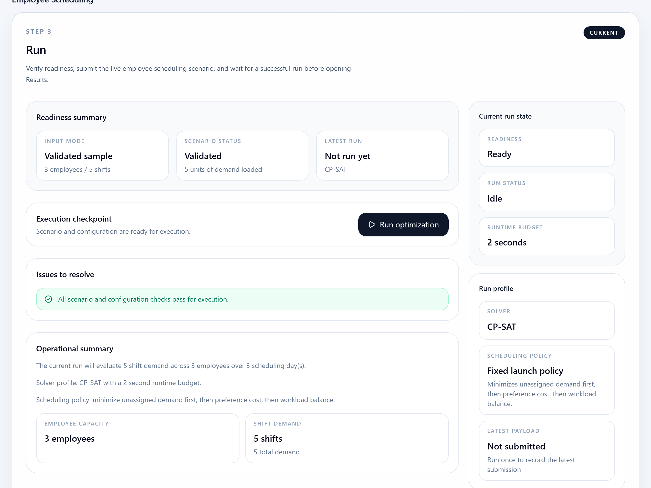 SchedAI Employee run step with readiness summary and optimization action.