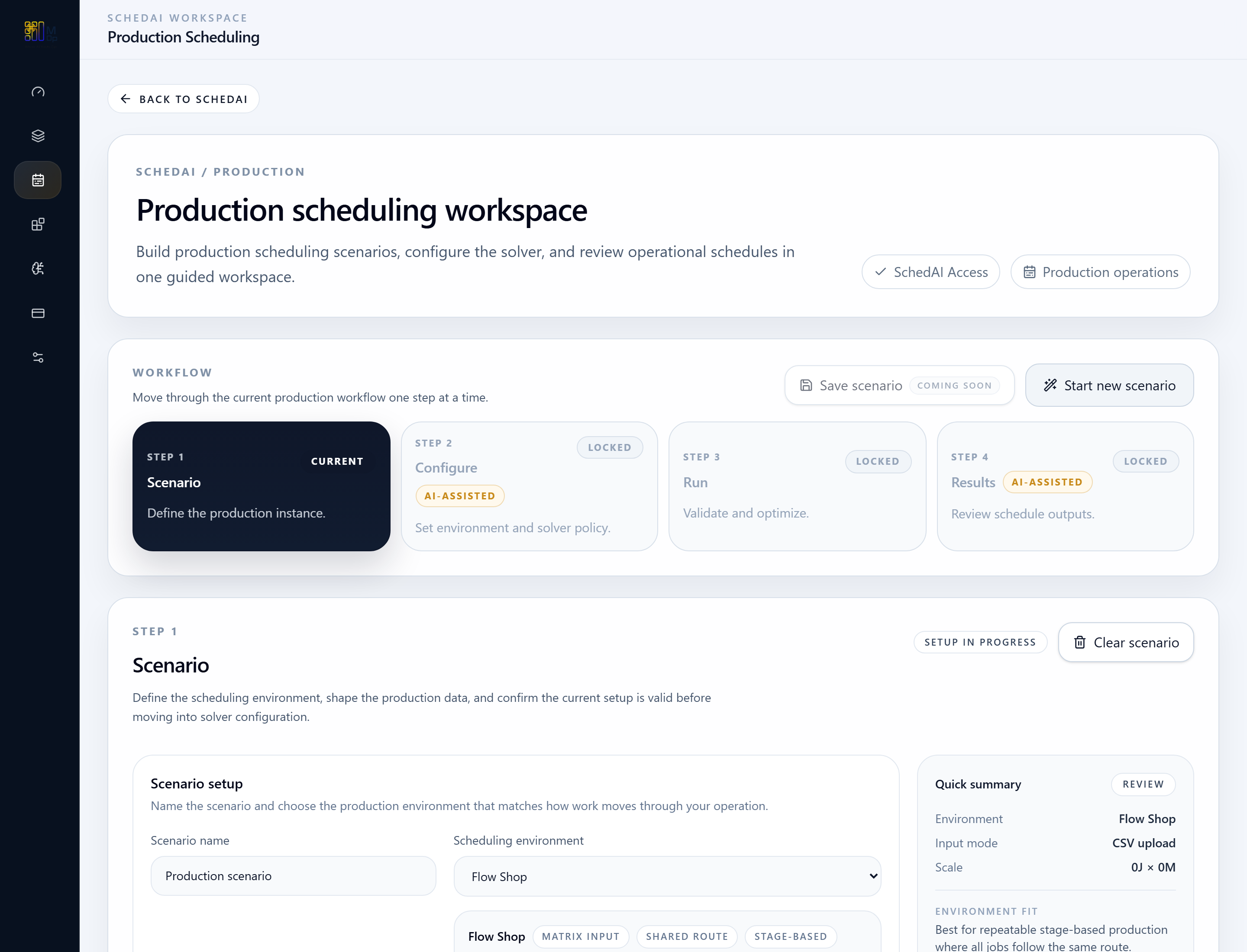 SchedAI Production workspace overview with step flow and scenario shell.