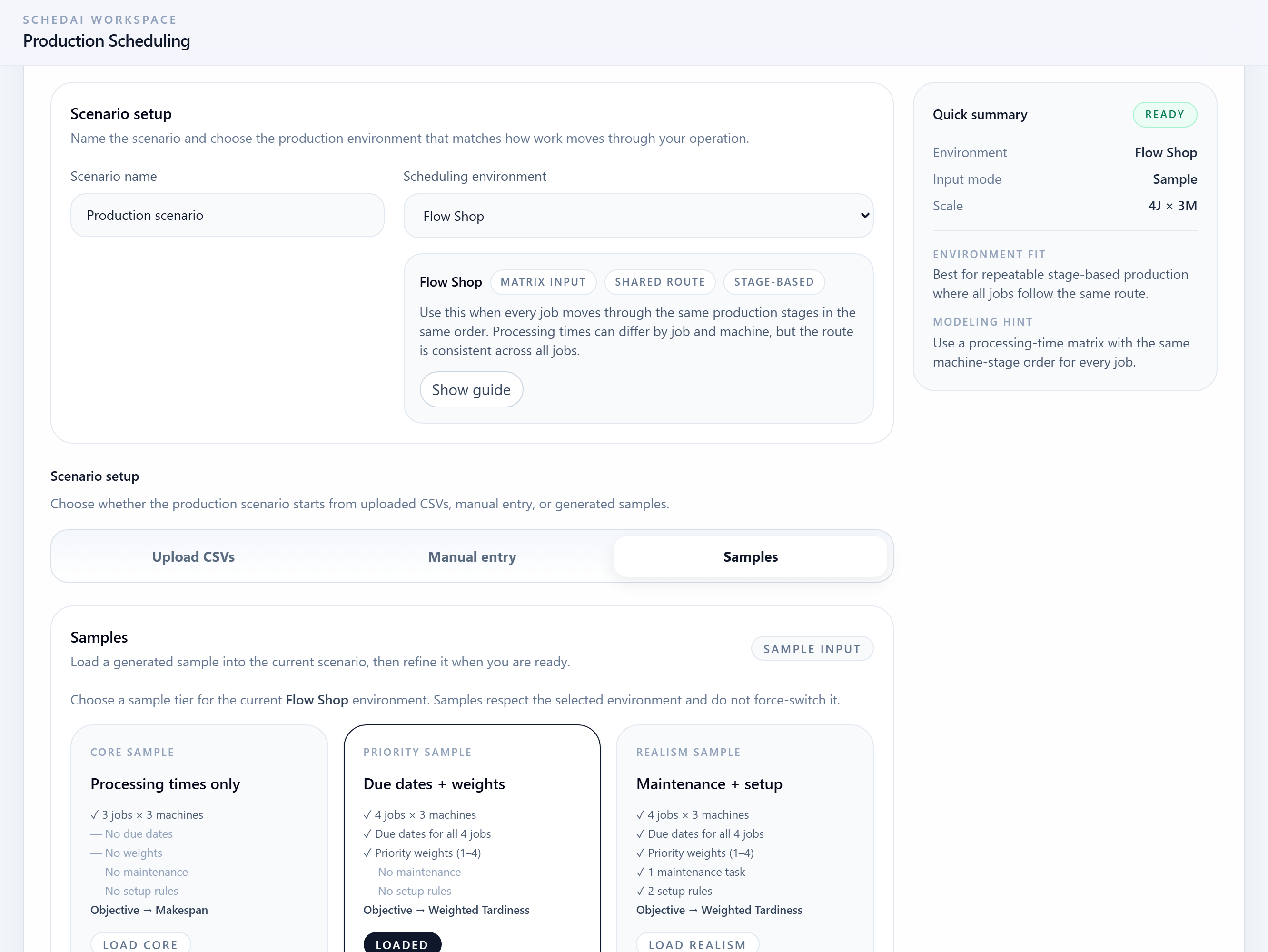 SchedAI Production scenario setup step with upload, manual, and sample options.