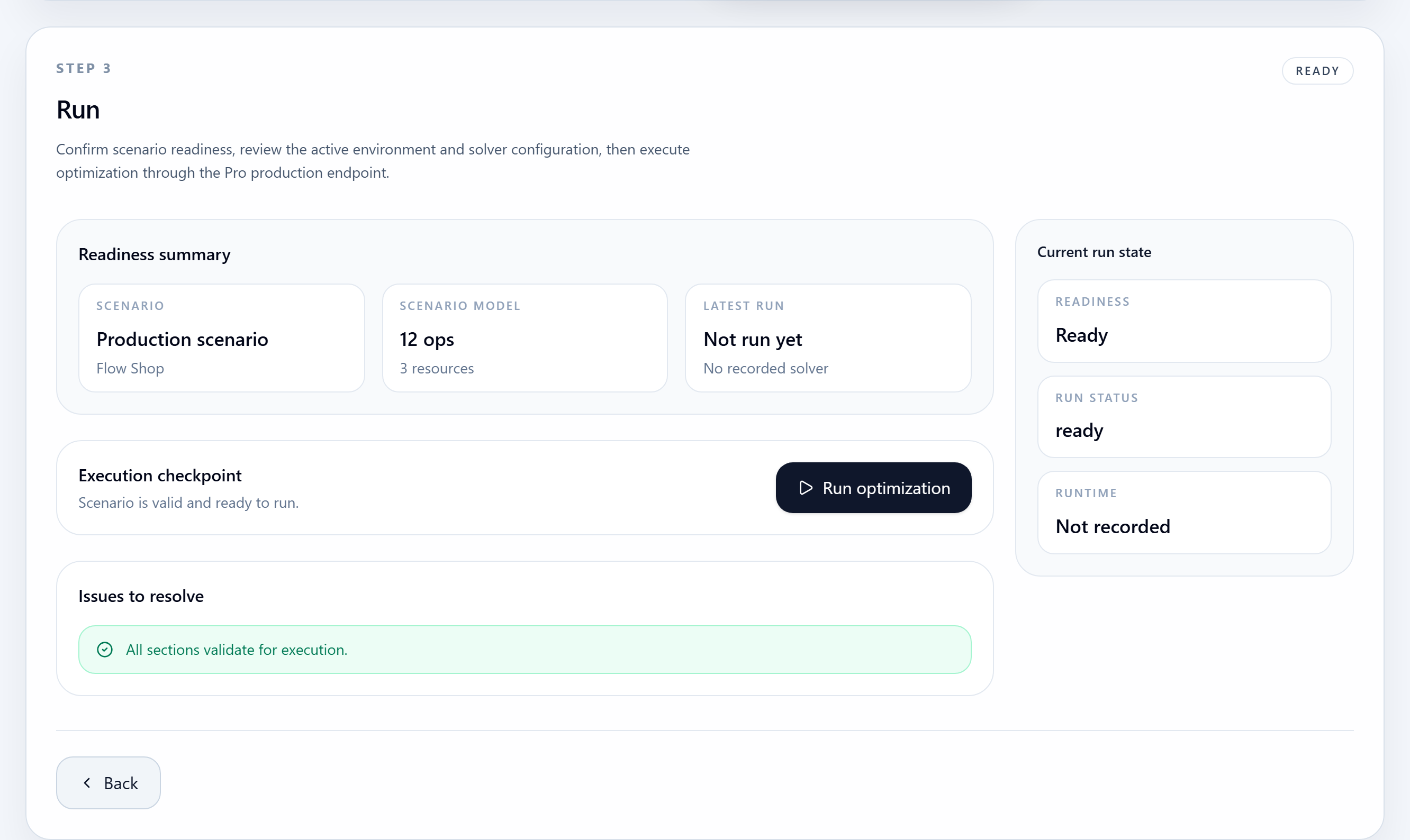 SchedAI Production run step showing optimization readiness and launch action.