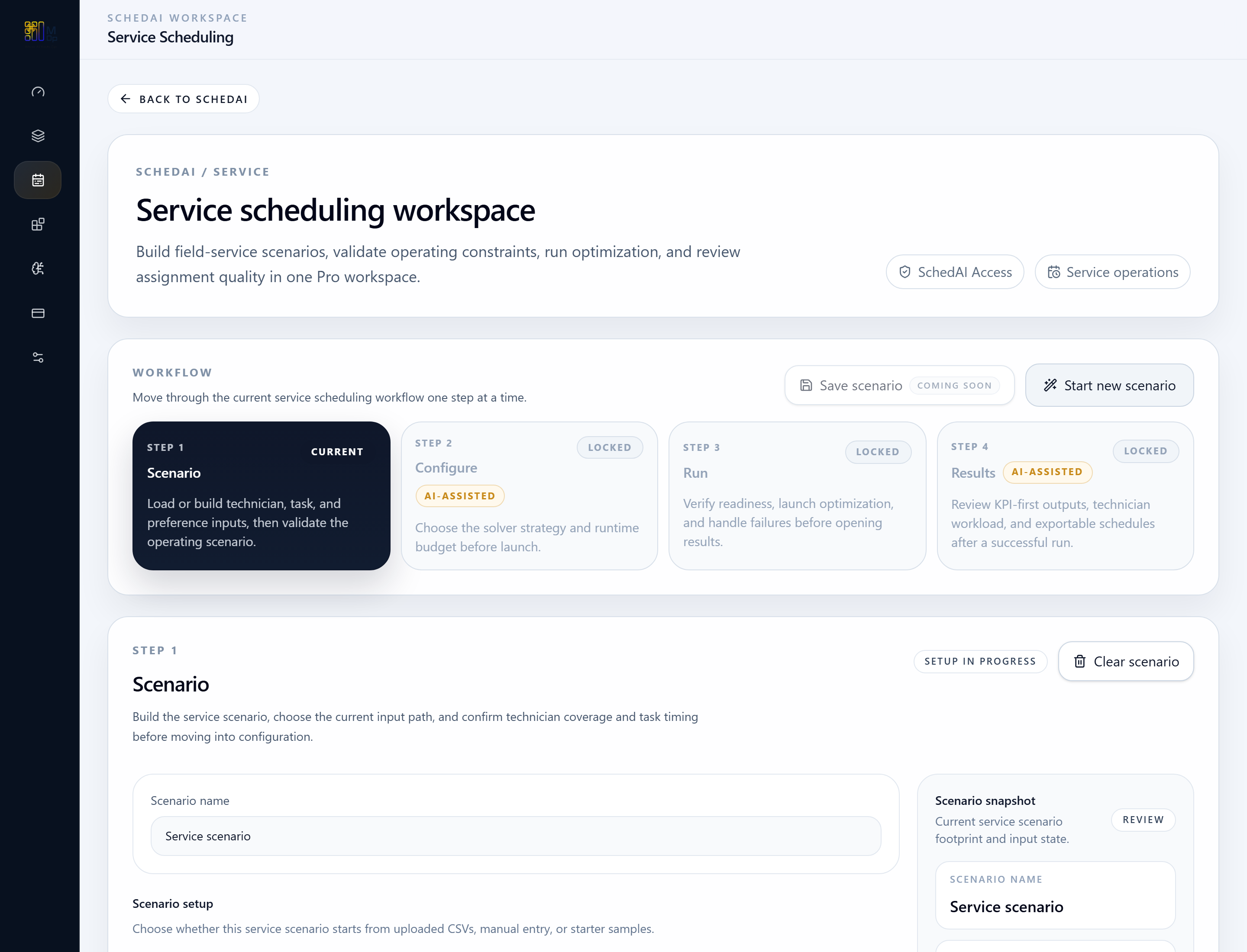 SchedAI Service workspace overview showing the service scheduling flow.
