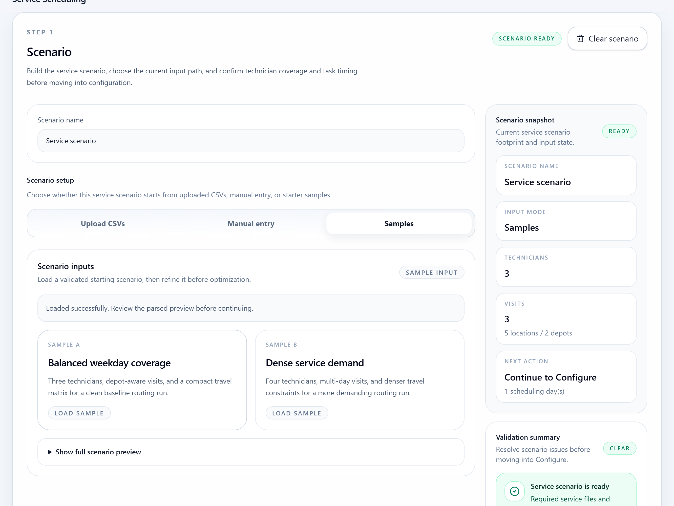 SchedAI Service scenario setup with service bundle inputs and sample options.