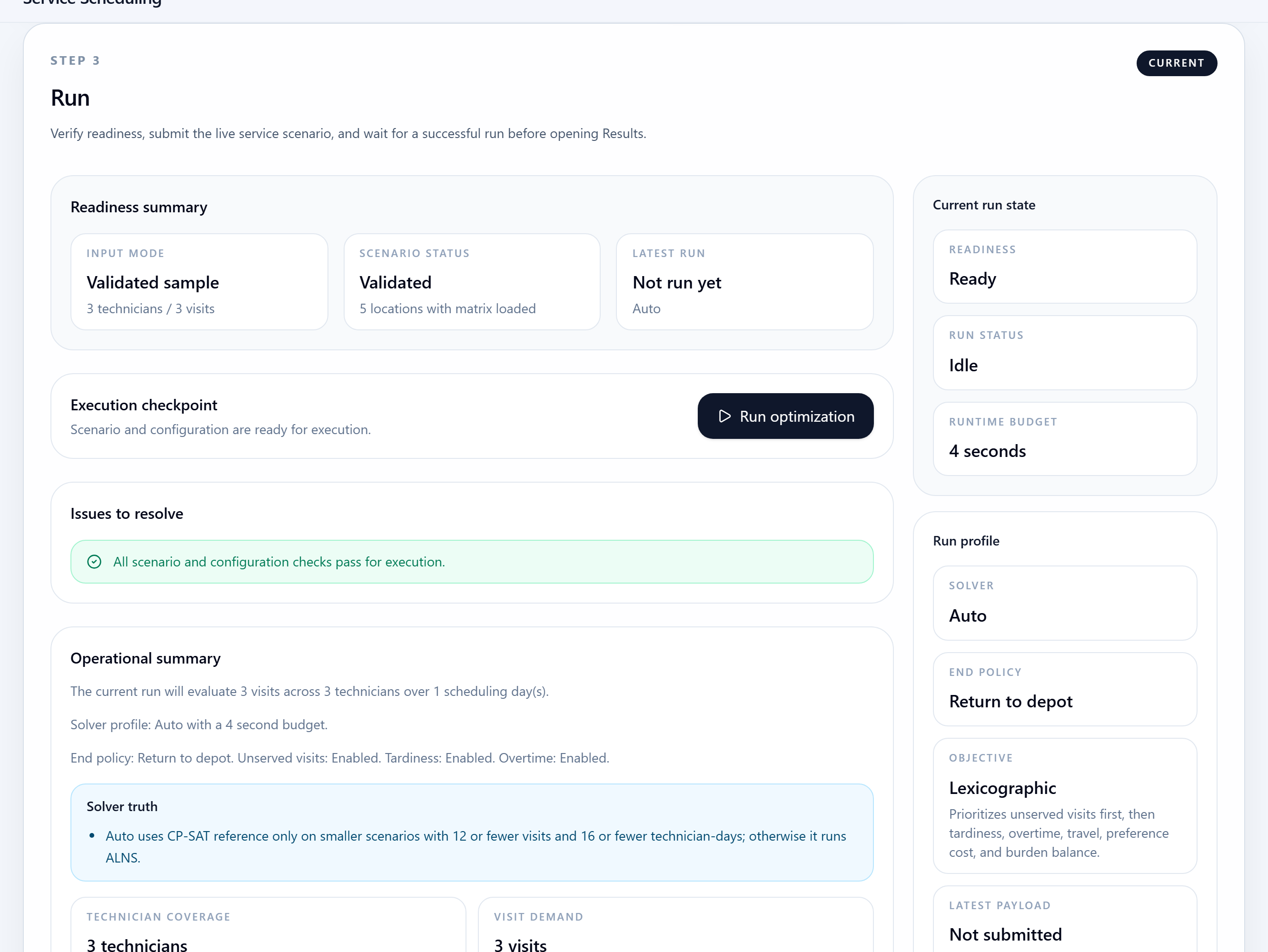 SchedAI Service run step with readiness summary and optimization action.