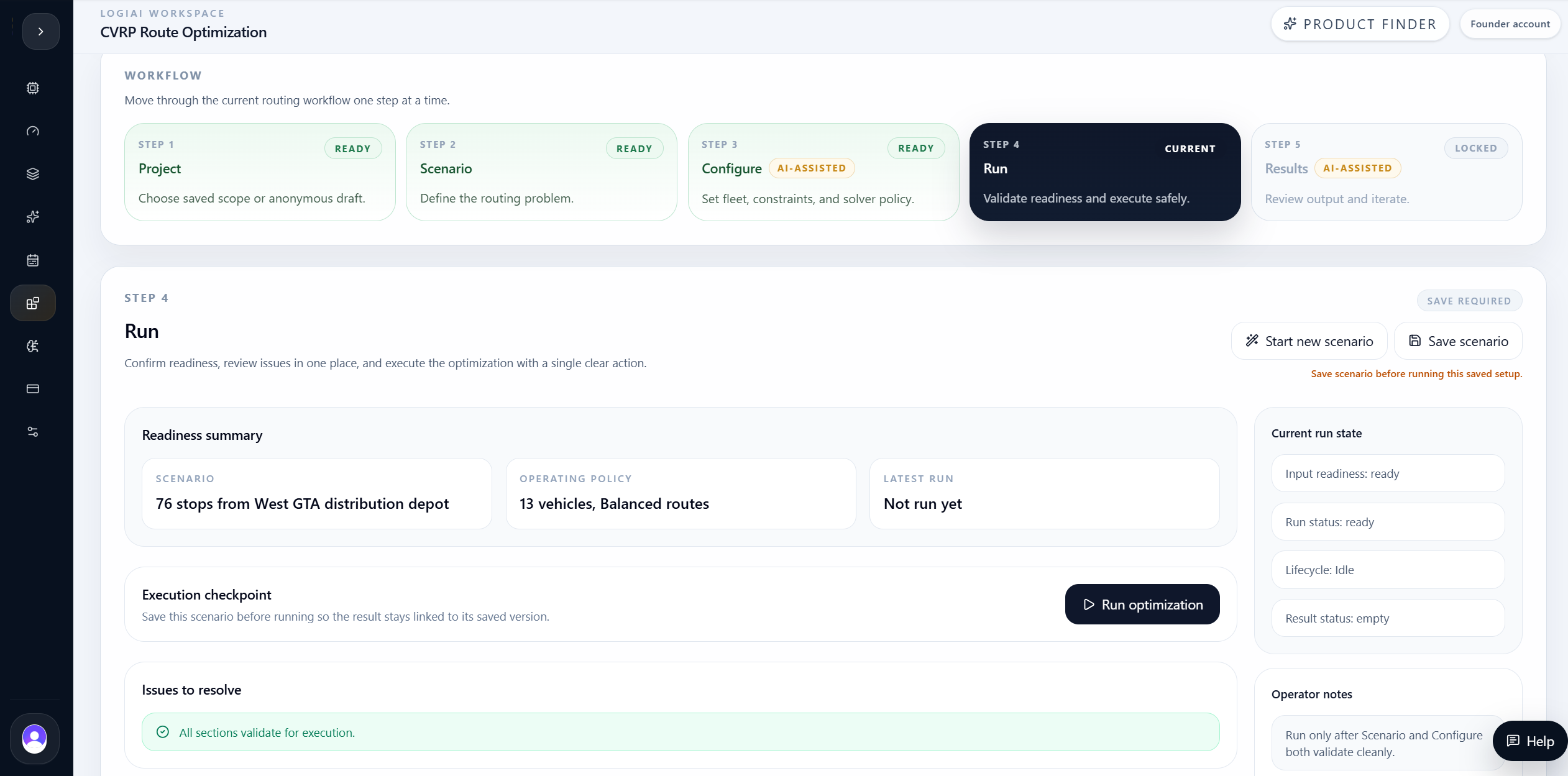 LogiAI CVRP run step showing scenario readiness and optimization action.