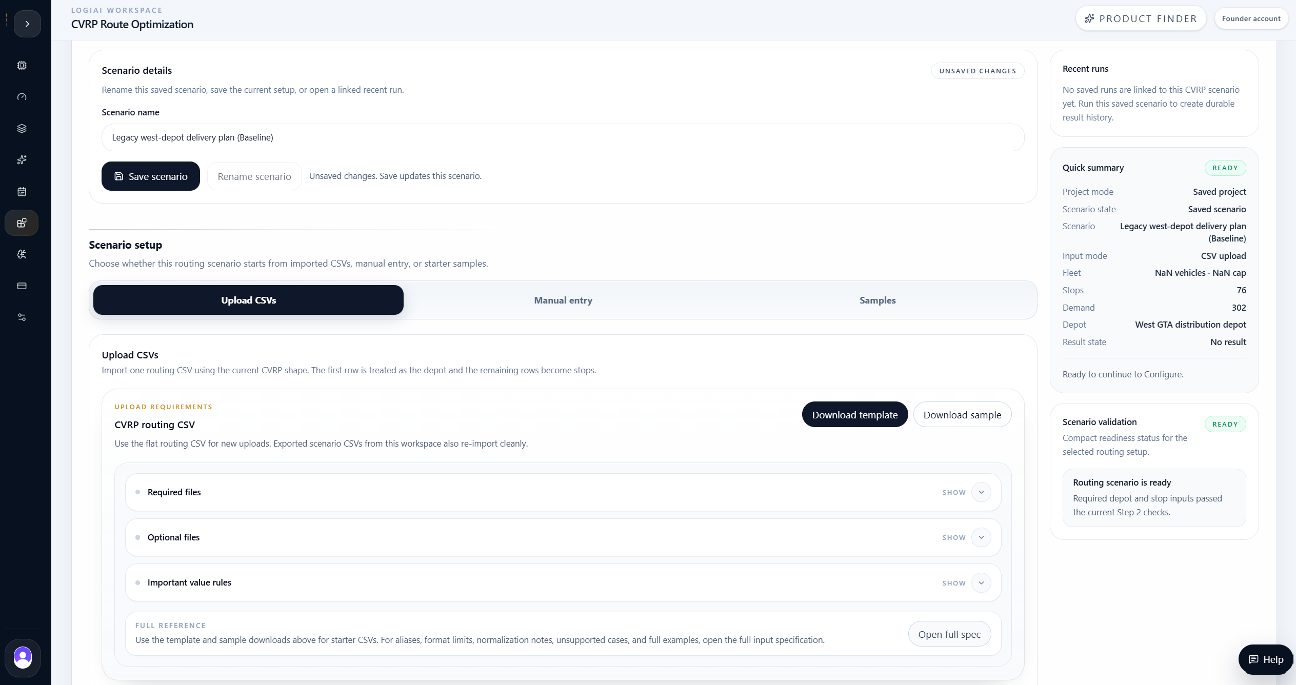 LogiAI CVRP scenario setup with uploaded routing CSV.