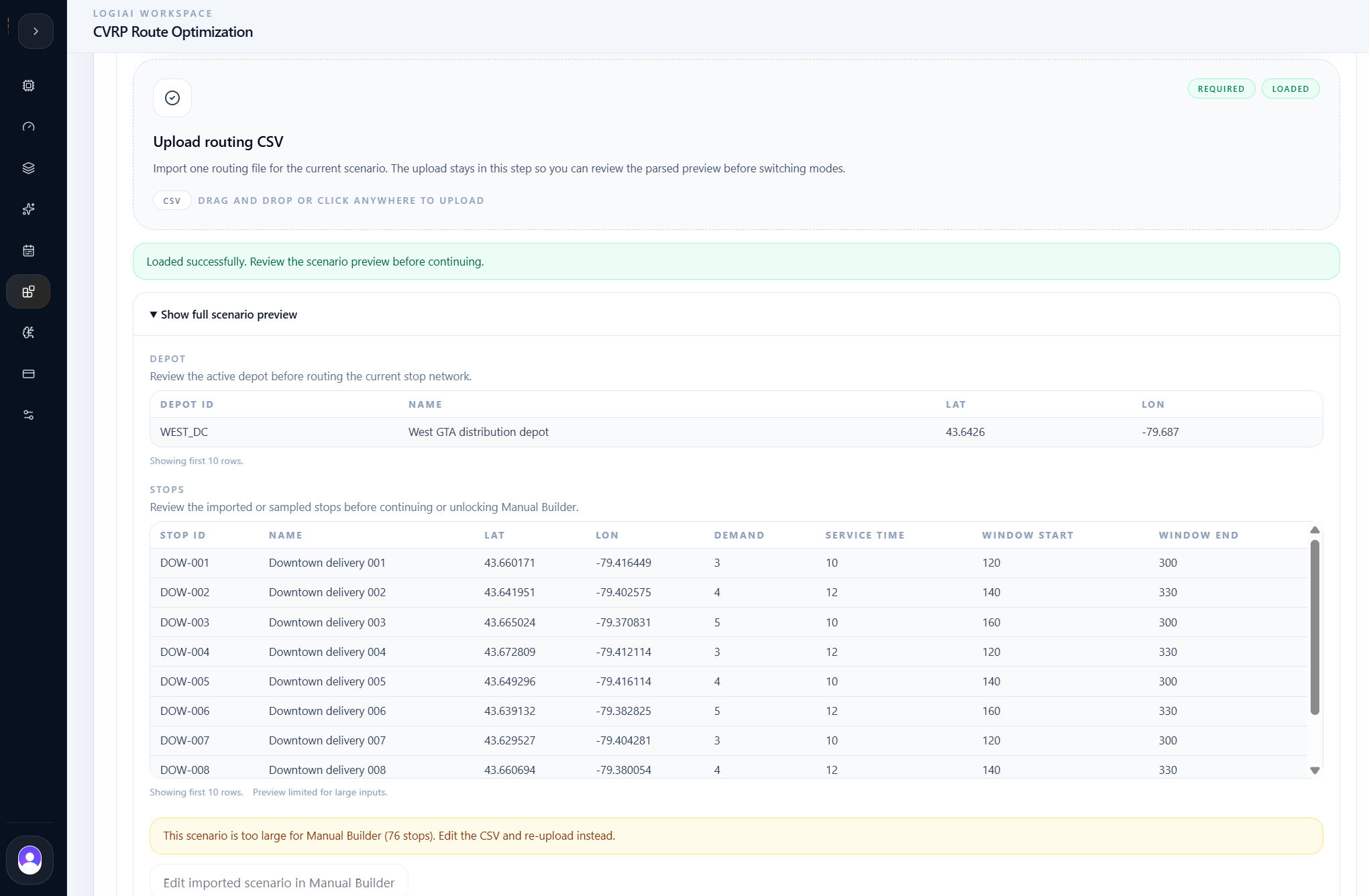 LogiAI CVRP stop preview with delivery windows.