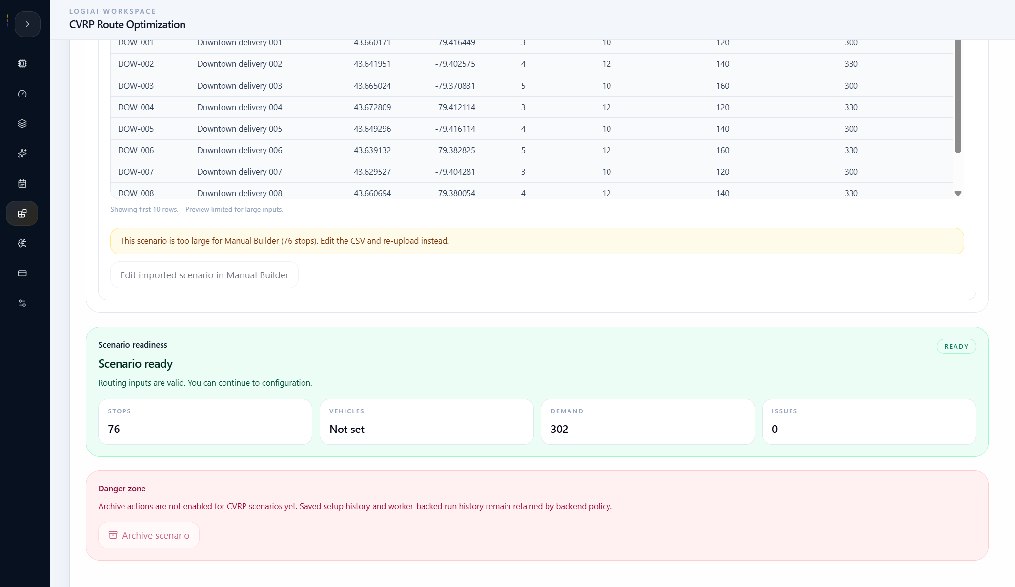 LogiAI CVRP validation panel showing ready status and route readiness.