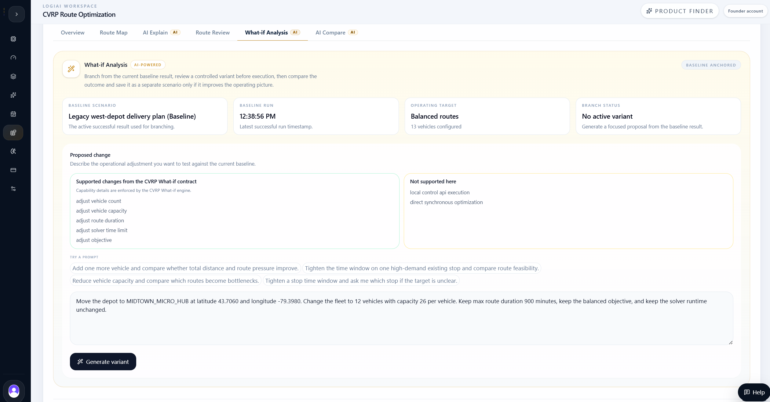 LogiAI CVRP What-if prompt for the Midtown micro-hub and fleet consolidation branch.
