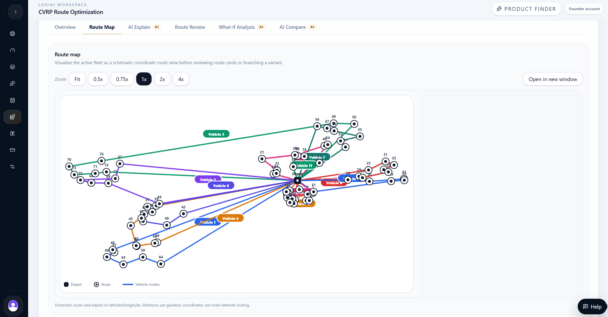 LogiAI CVRP What-if route map with the Midtown micro-hub variant.