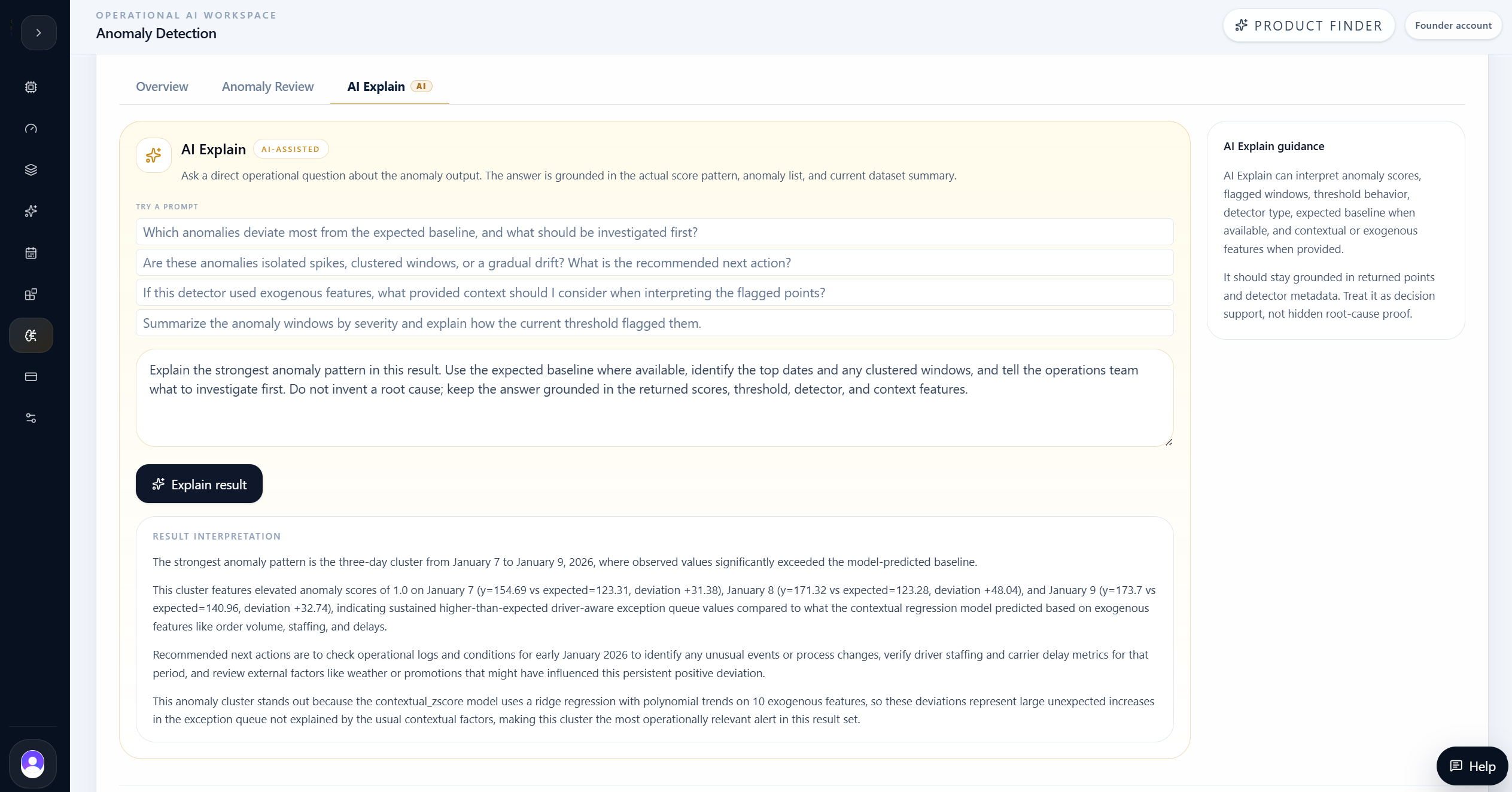 Anomaly Detection AI Explain response for the January 7 to January 9 anomaly cluster.