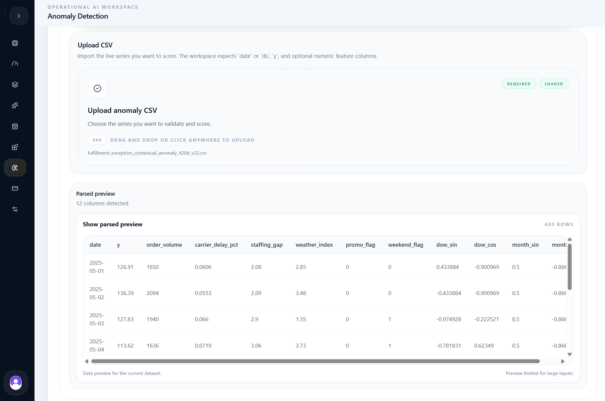 Anomaly Detection parsed preview showing target and operational context feature columns.