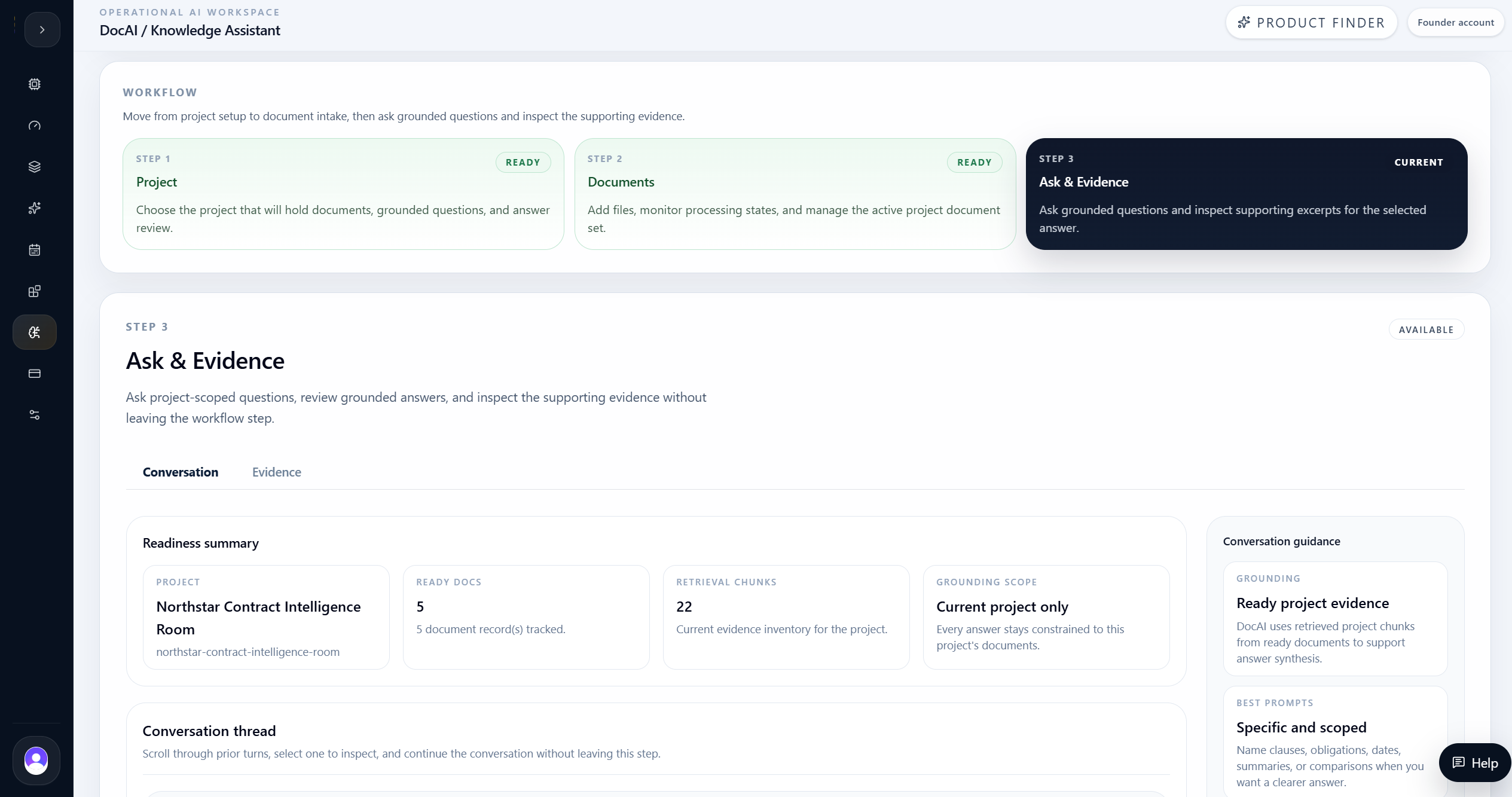 DocAI Ask and Evidence workspace with readiness summary and conversation guidance.