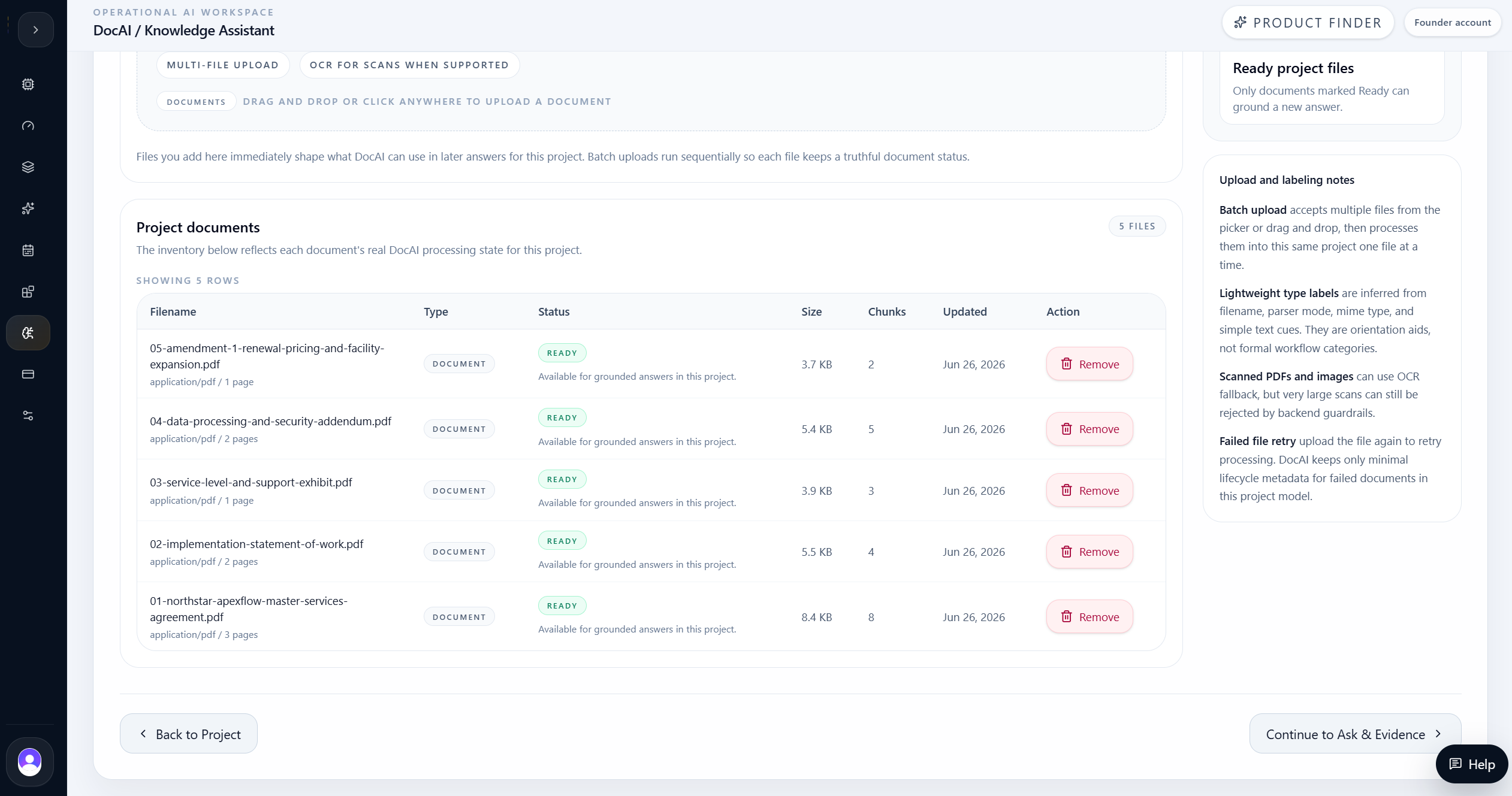 DocAI documents step showing five ready contract files and chunk counts.