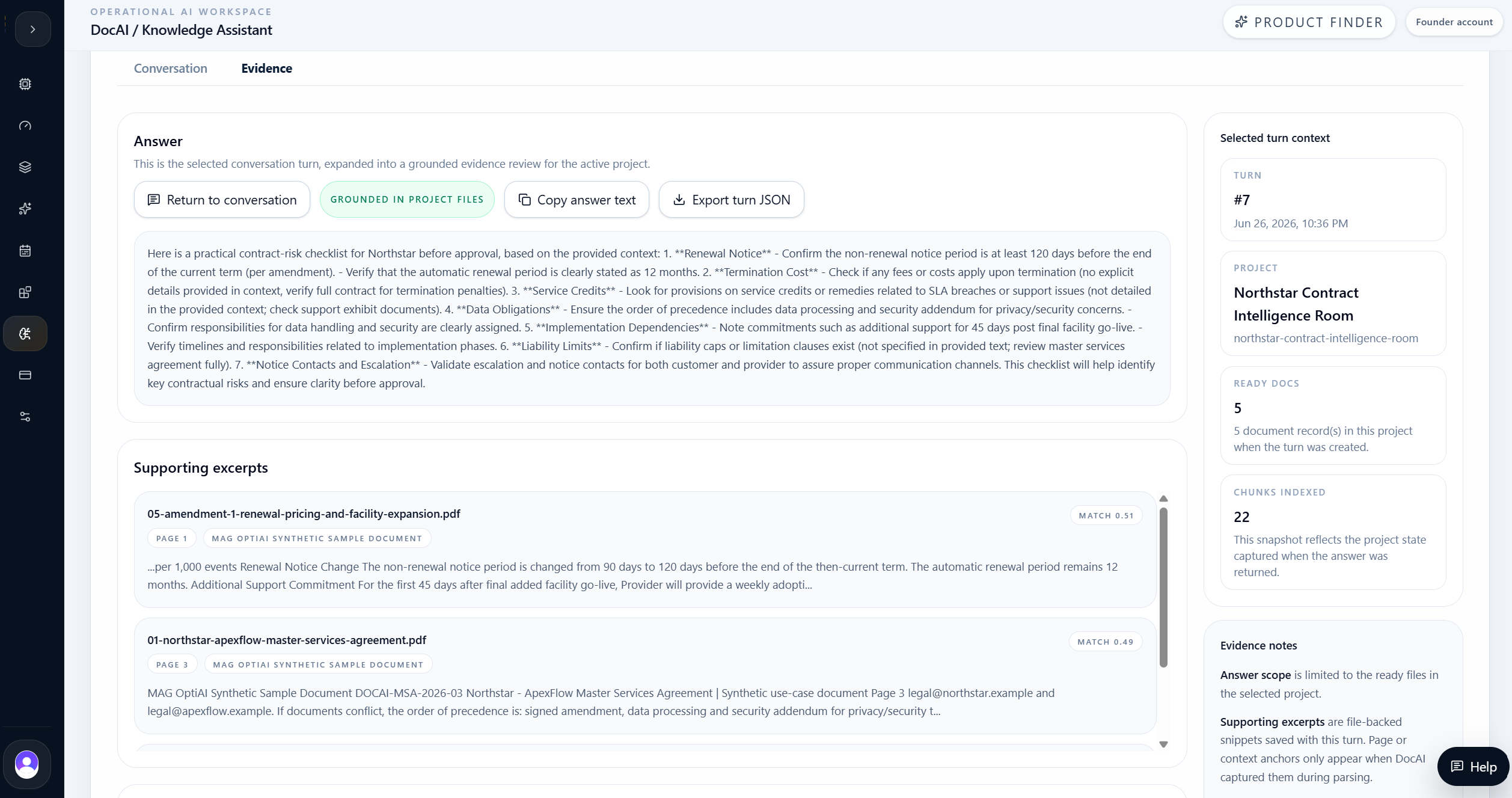 DocAI evidence tab with selected answer, supporting excerpts, and retrieved source snippets.