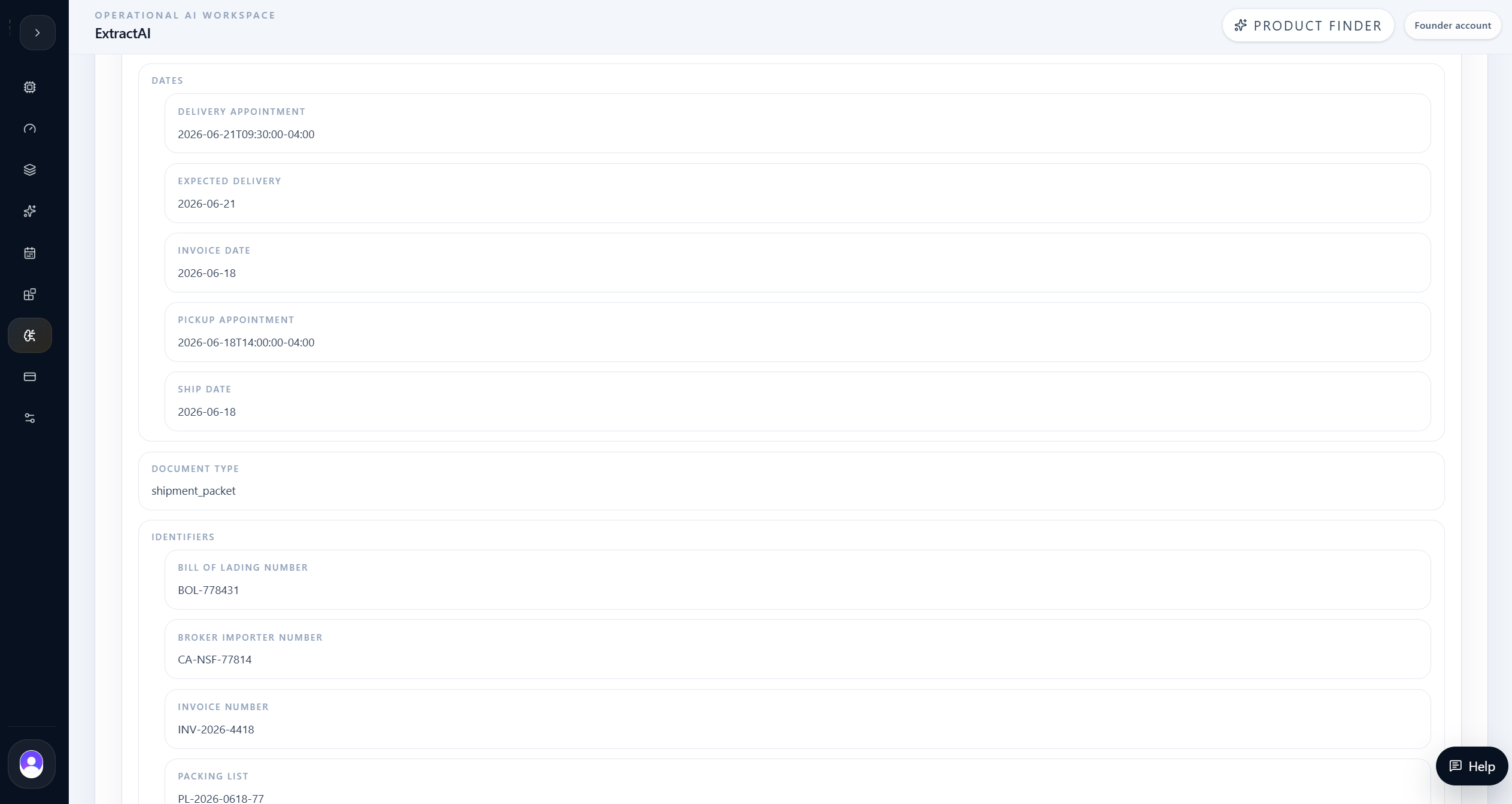 ExtractAI identifier fields extracted from the shipment packet.