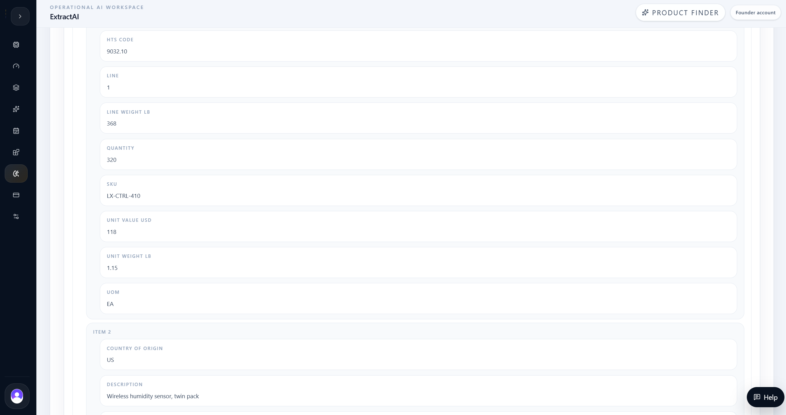 ExtractAI line item extraction with SKU, quantity, weight, value, and HTS fields.