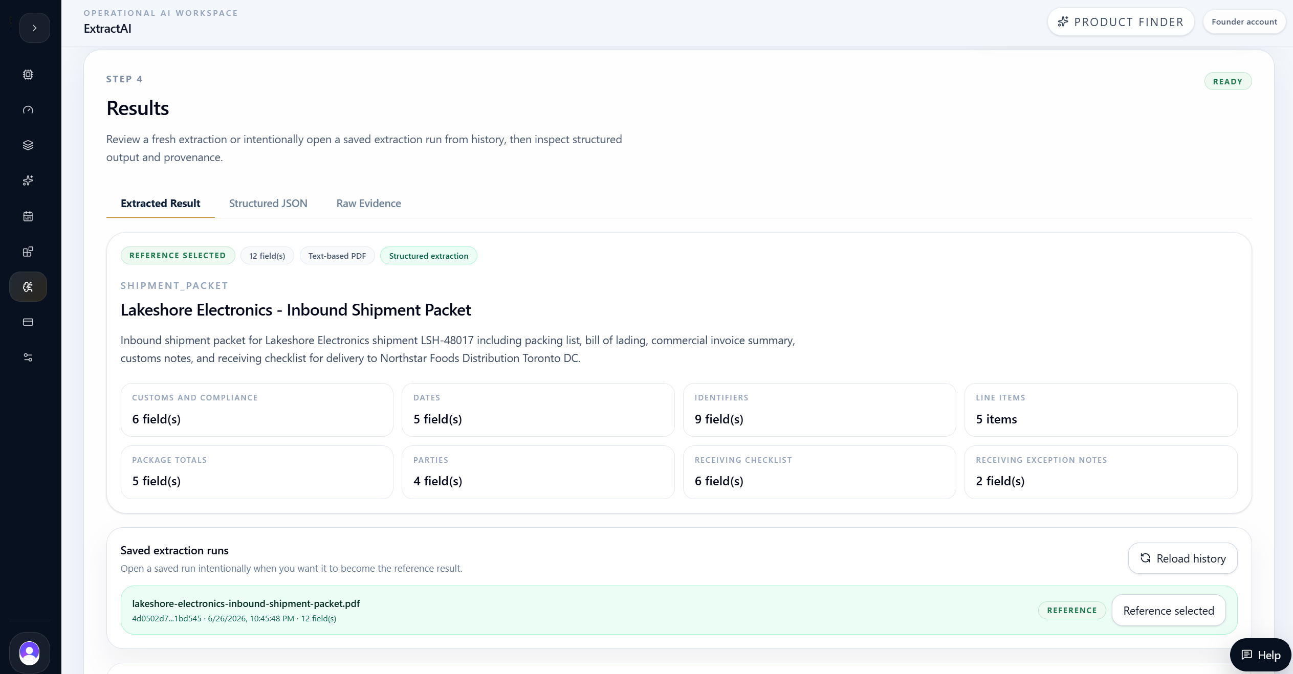 ExtractAI results overview with grouped shipment extraction fields.