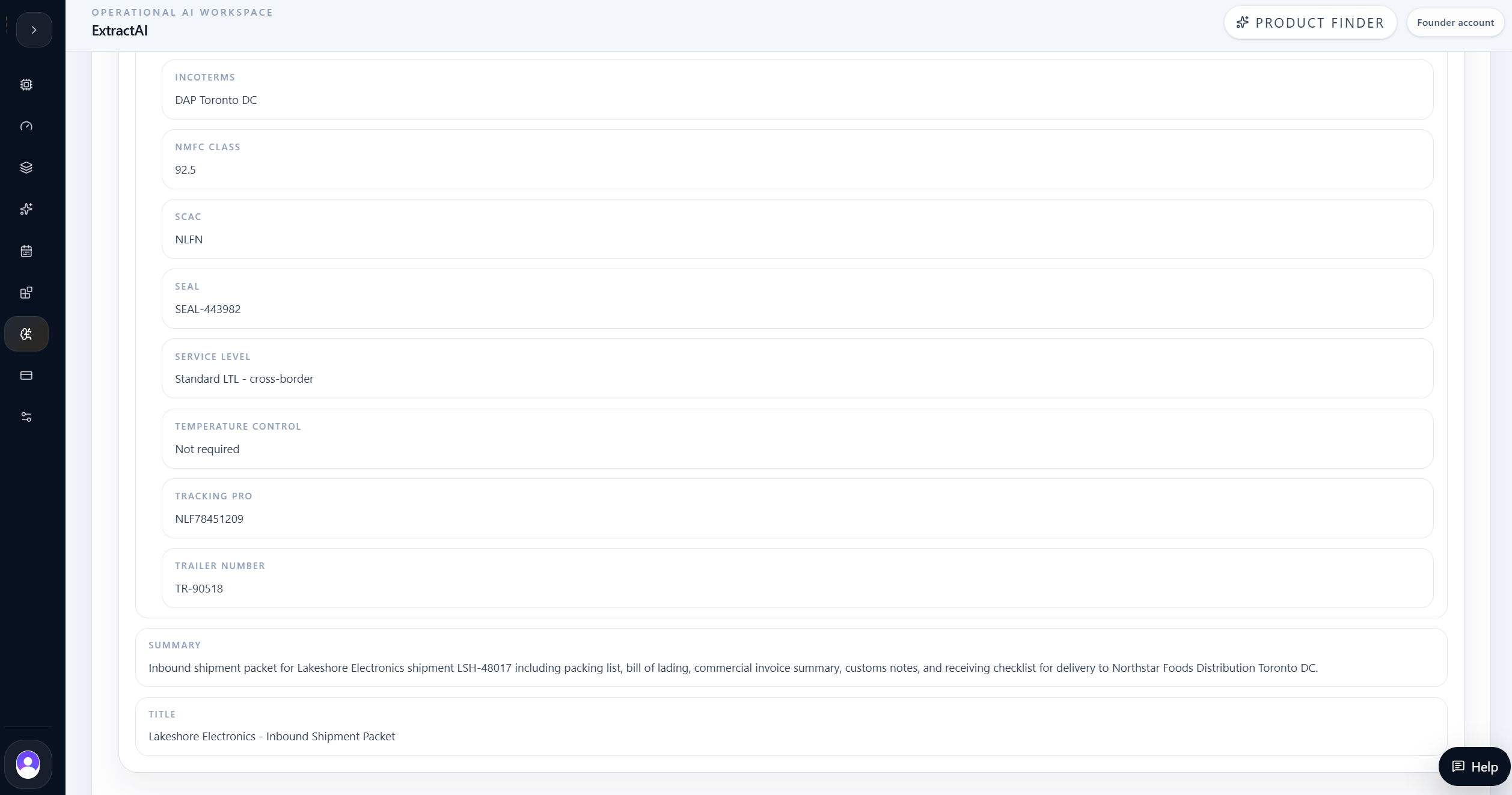 ExtractAI transportation and summary fields including carrier, service level, SCAC, and trailer.