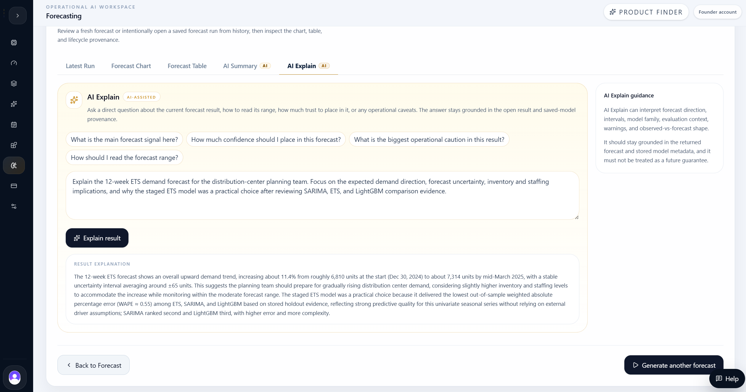 Forecasting AI Explain panel showing bounded prompts tied to visible forecast evidence.