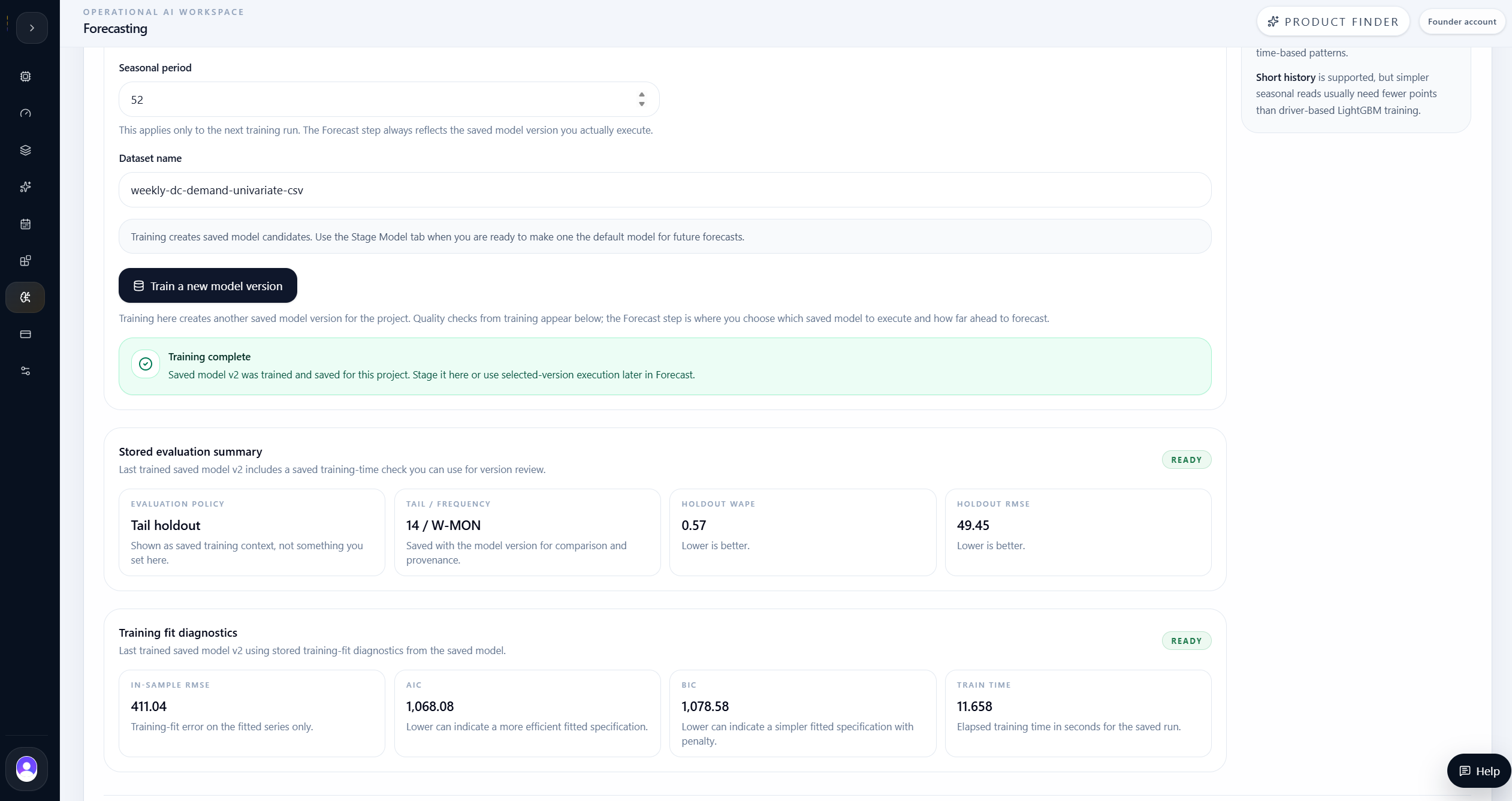 Forecasting SARIMA training result with saved model metrics.