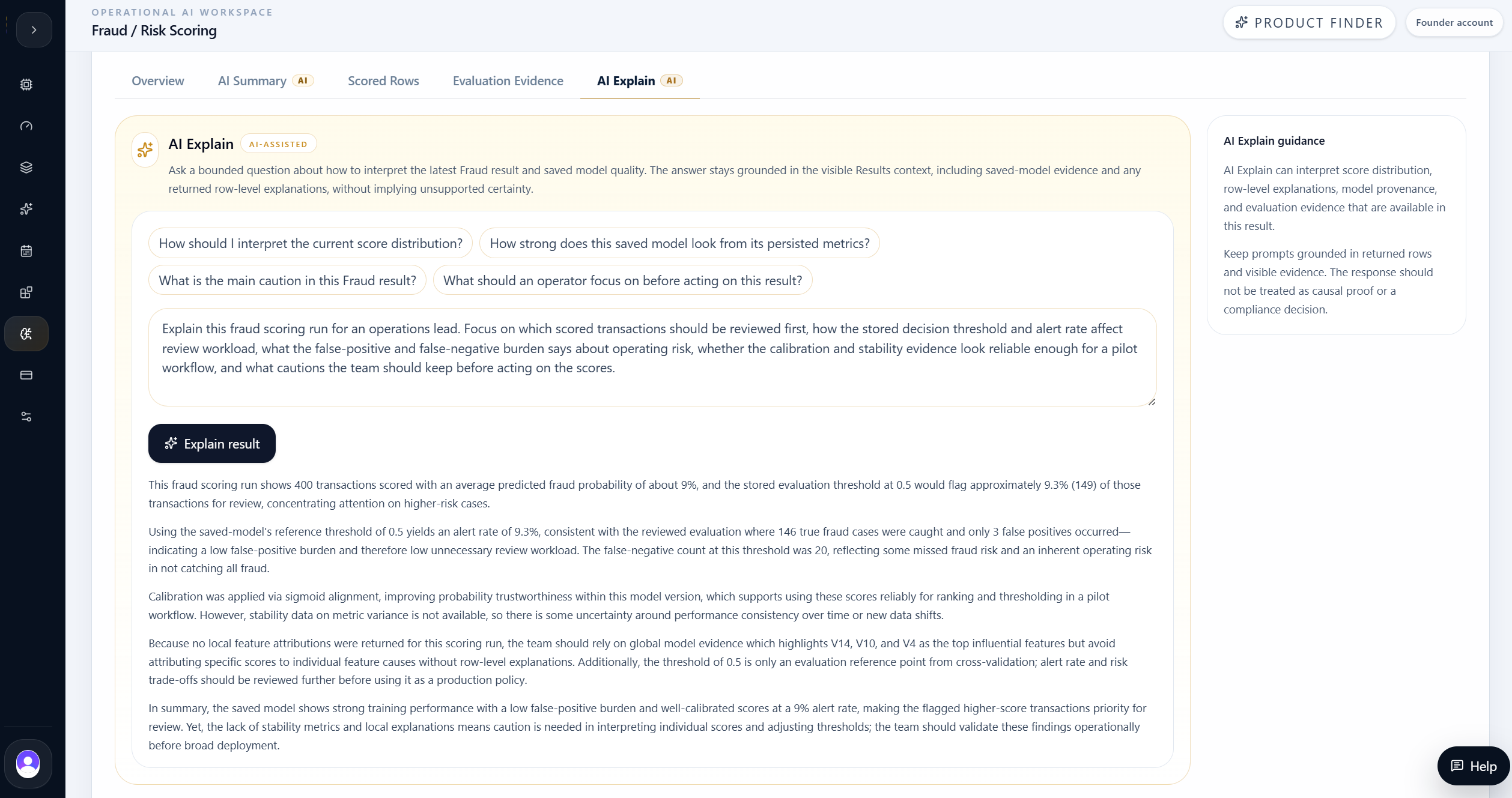 Fraud scoring AI Explain panel with an evidence-grounded result interpretation.