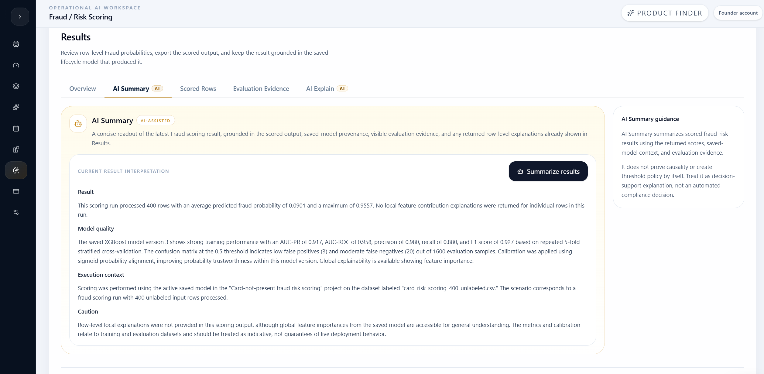 Fraud AI Summary explaining scoring result, model quality, execution context, and caveats.