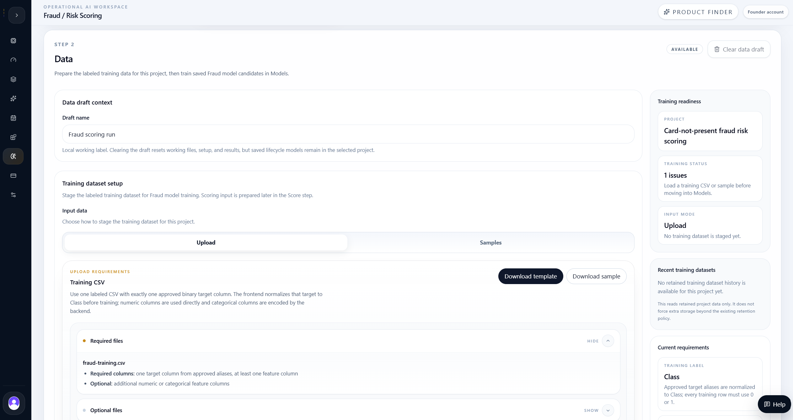 Fraud Detection data step showing the staged card-risk training dataset.