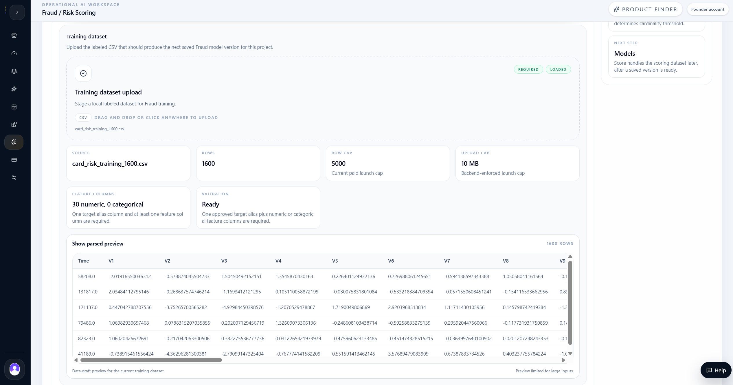 Fraud Detection data step showing training readiness and dataset history.