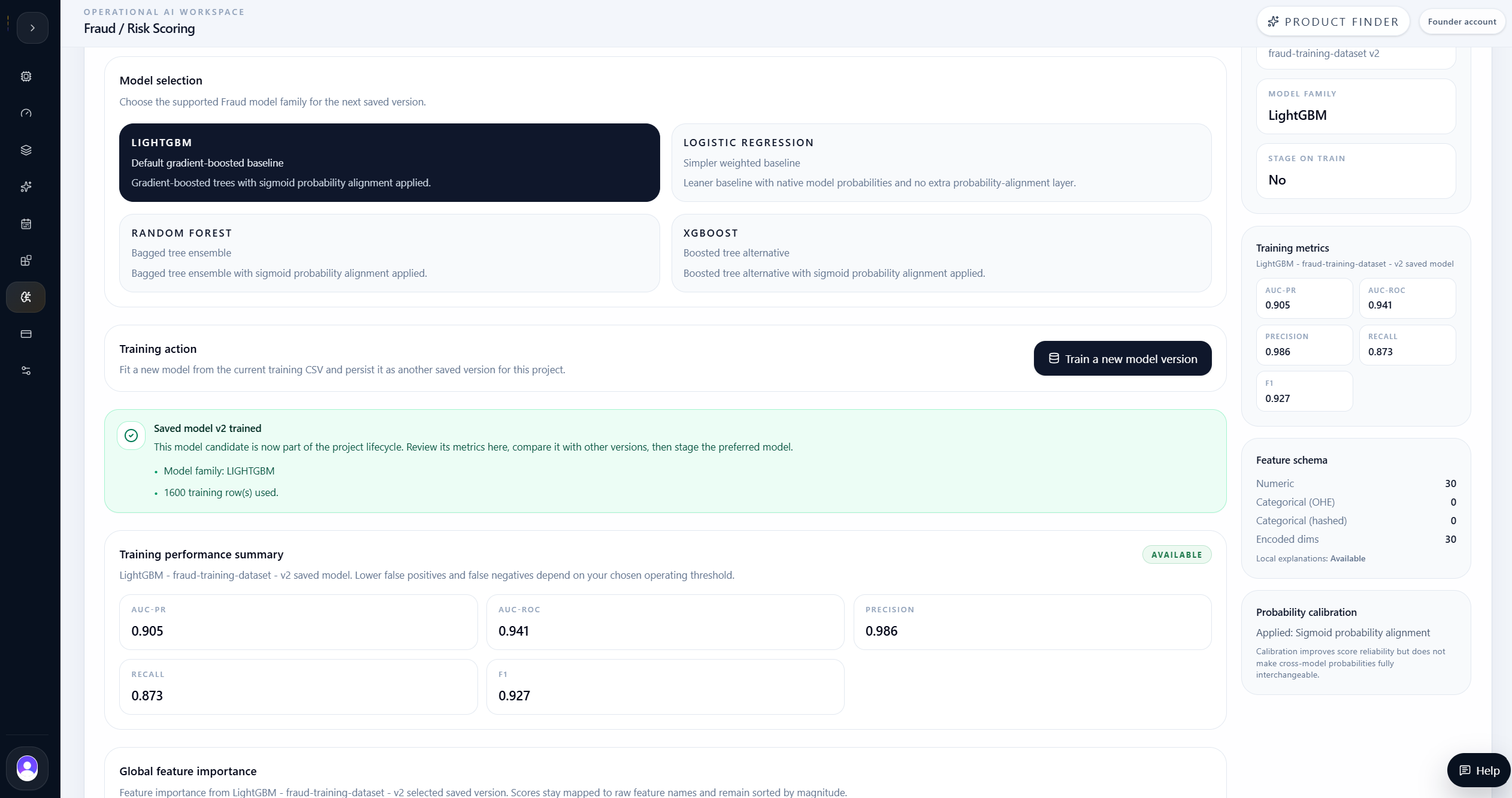 Fraud LightGBM training result with precision, recall, AUC, and F1 metrics.
