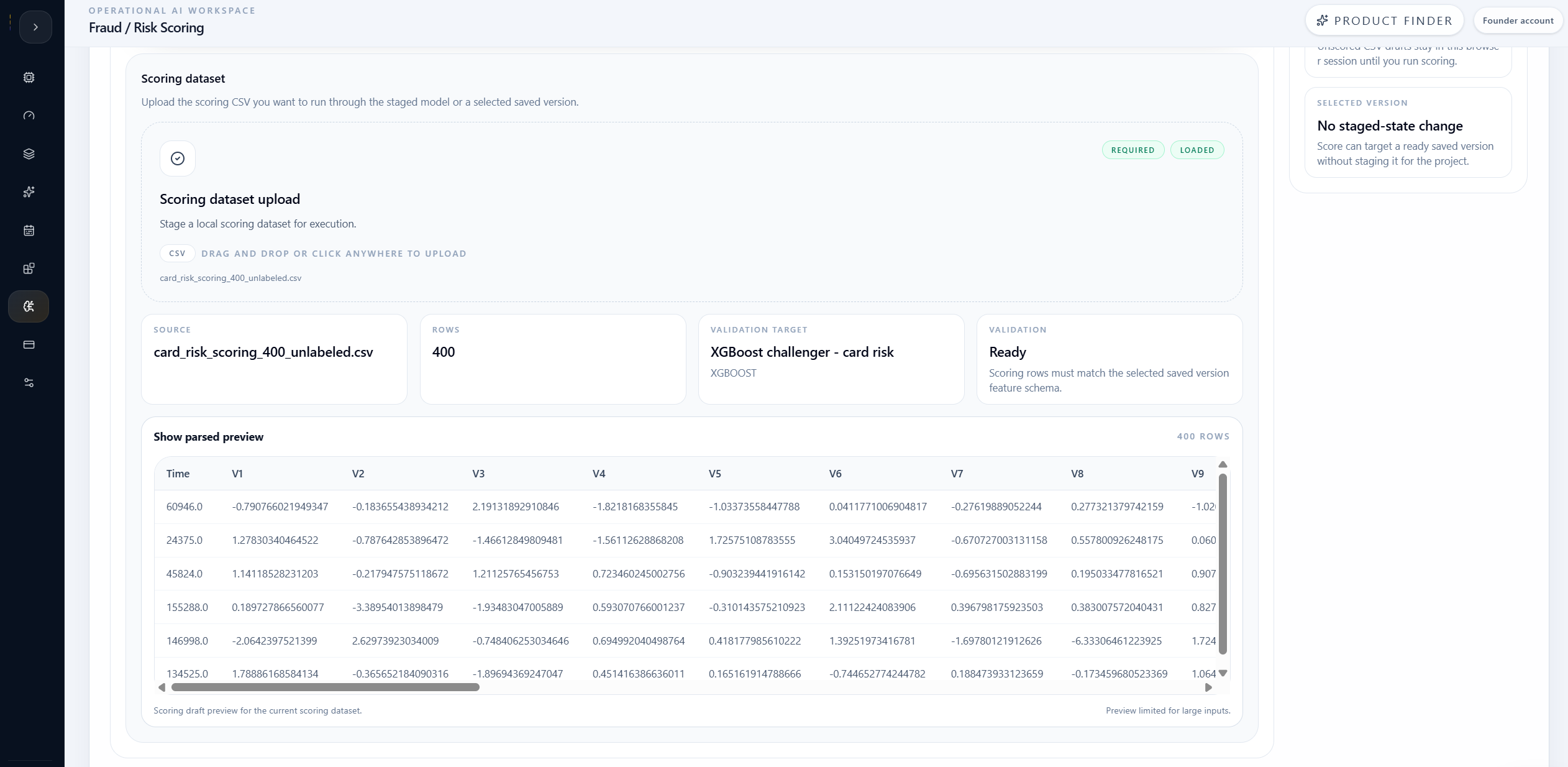Fraud scoring setup with card risk scoring file ready for execution.