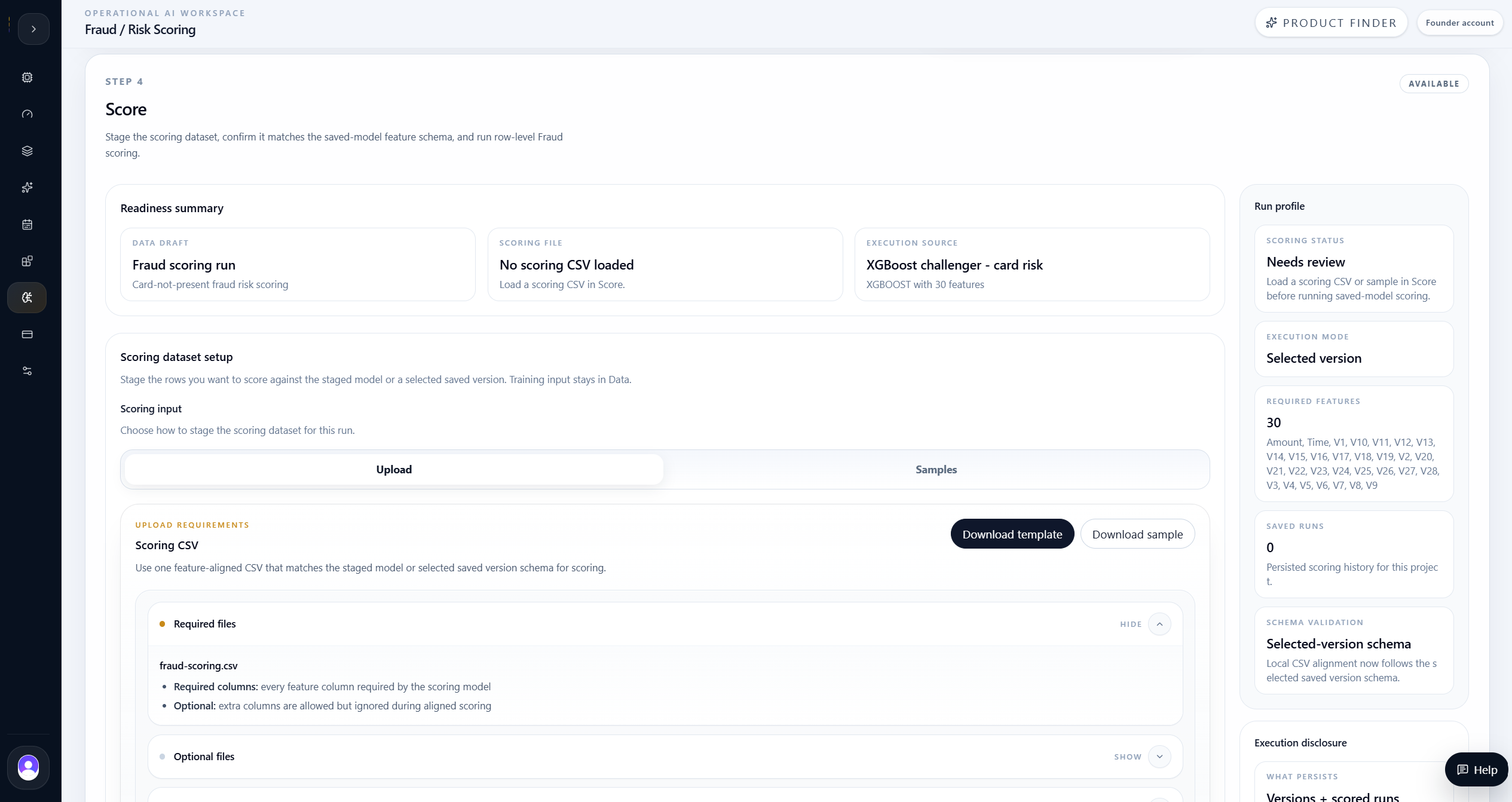 Fraud scoring setup showing the staged model and scoring dataset workflow.