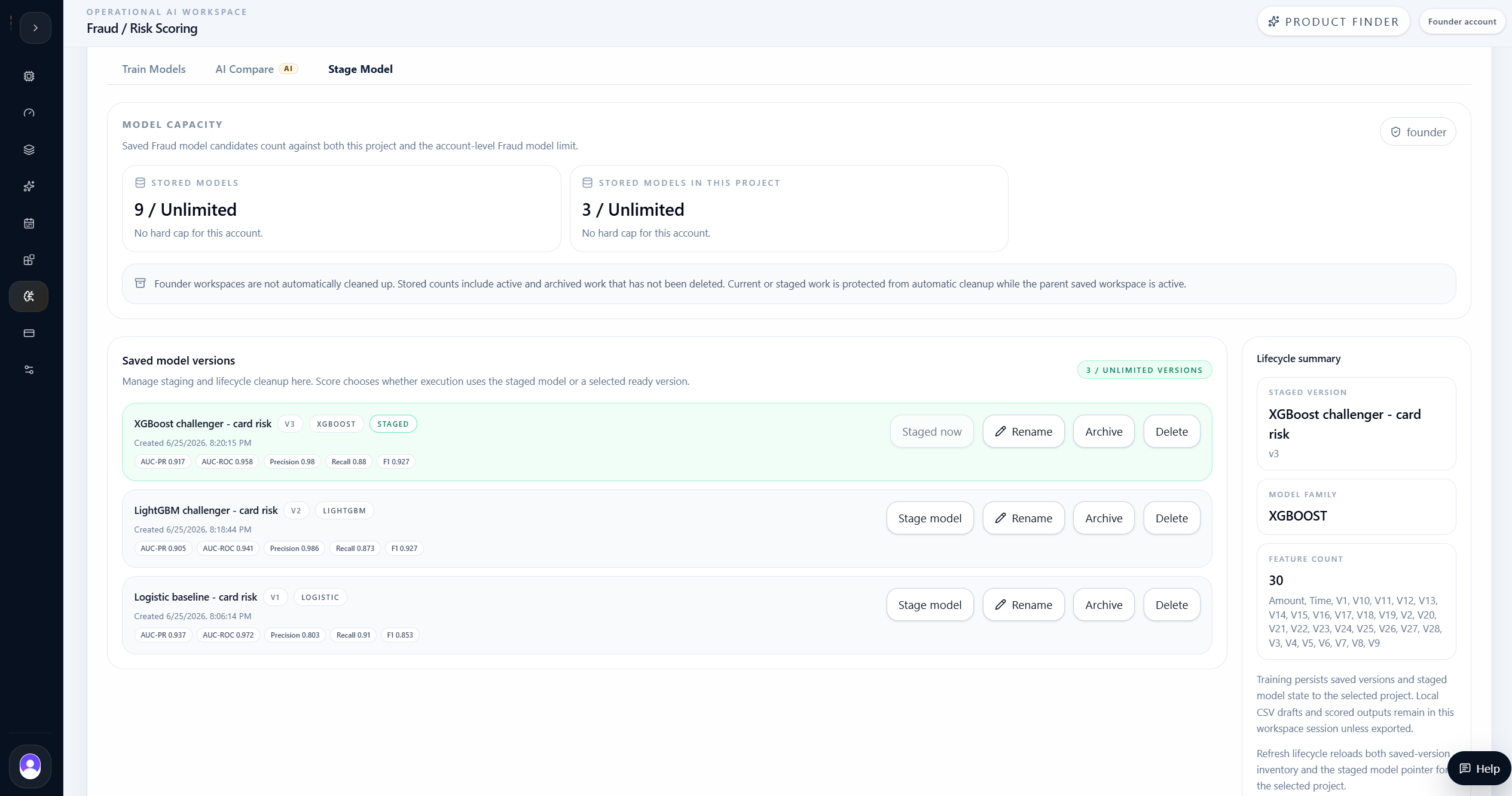 Fraud saved model screen showing XGBoost staged as the active saved version.