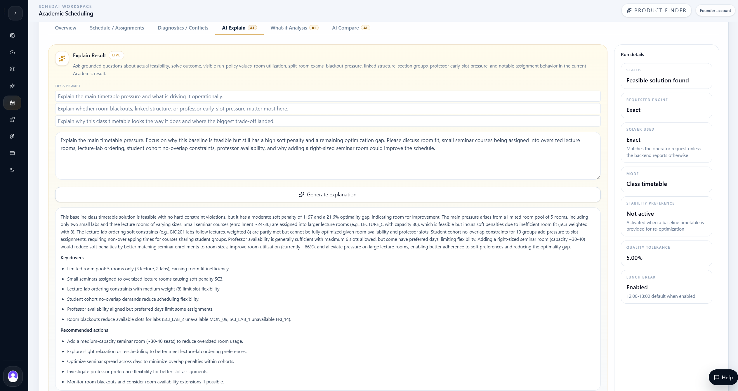 Academic scheduling AI Explain output