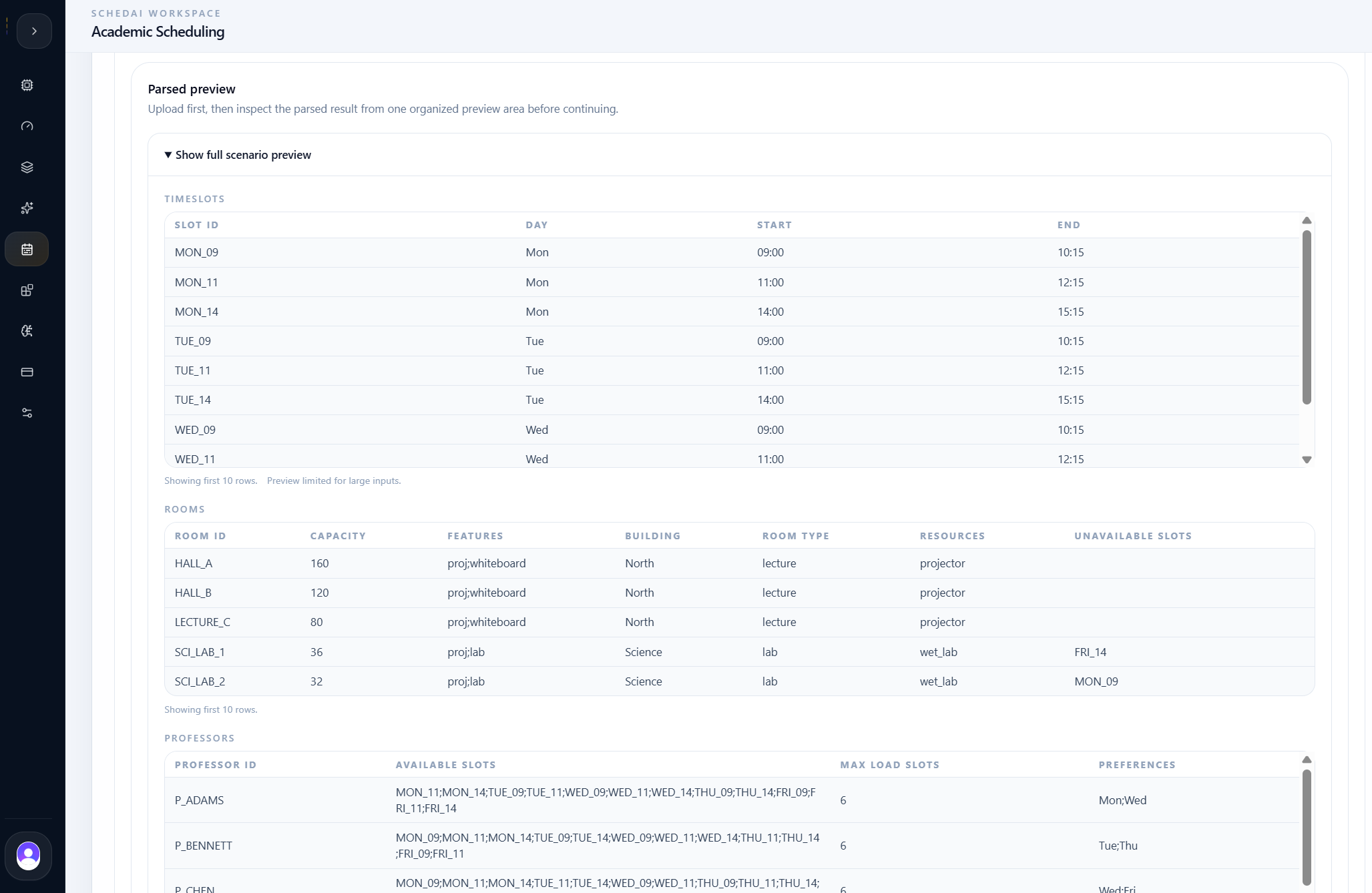Parsed academic scheduling input preview