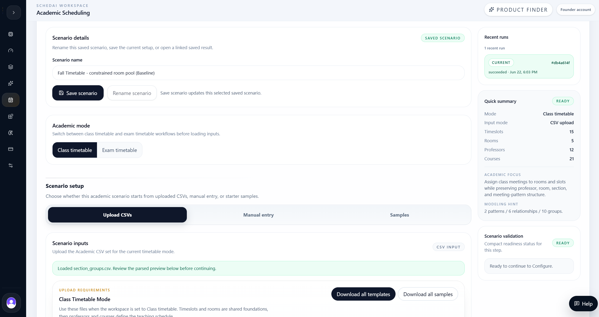 Academic scheduling scenario setup