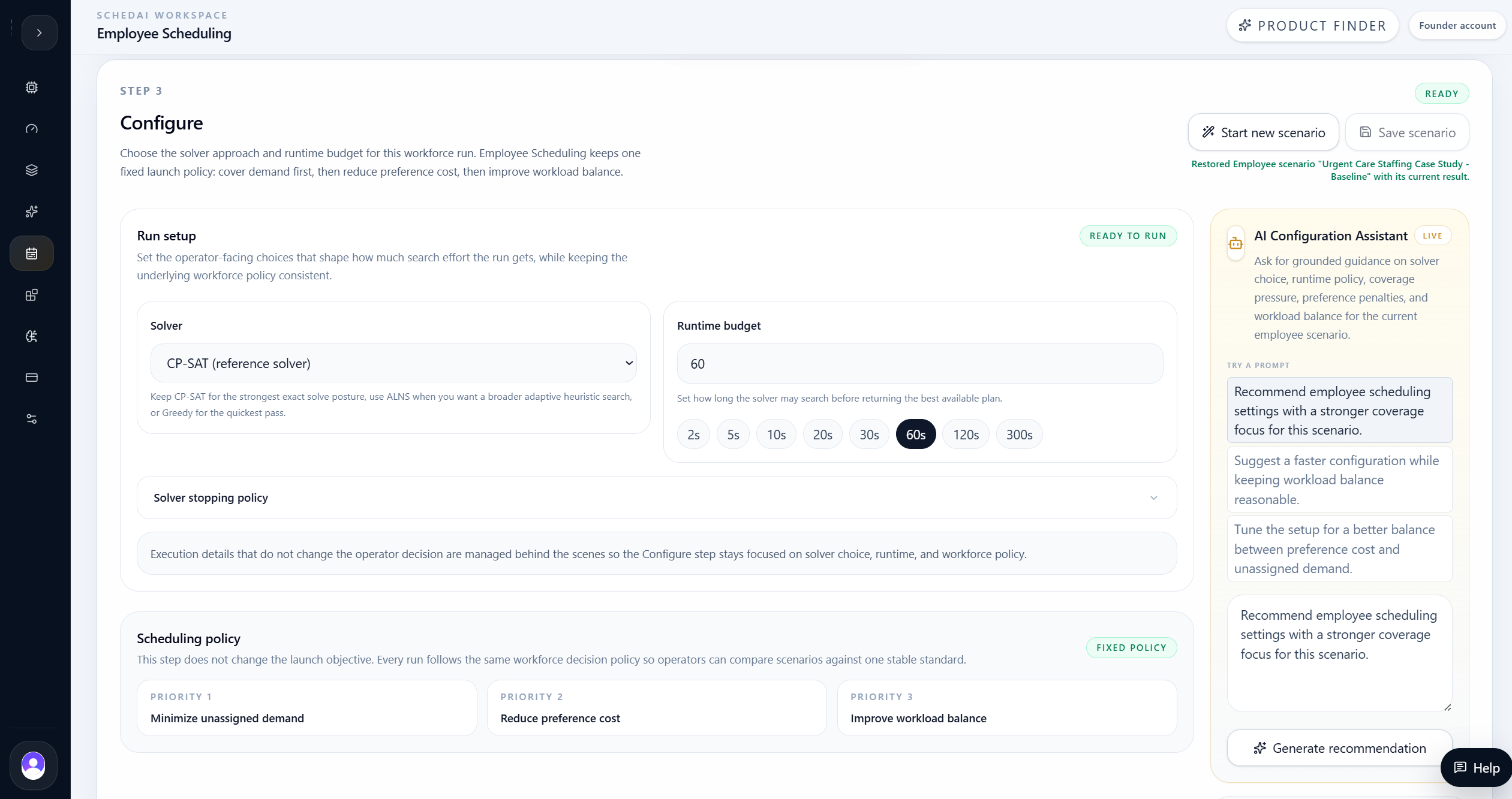 Employee scheduling configuration with 60-second solver limit