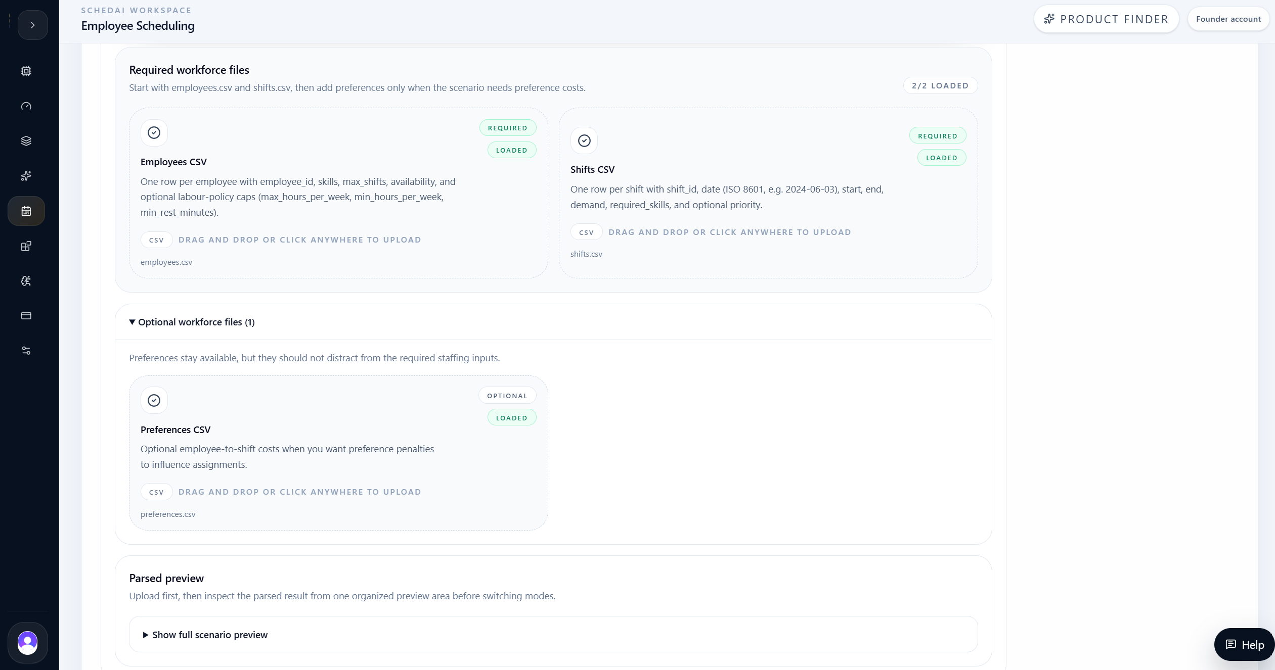 Parsed employee scheduling input preview